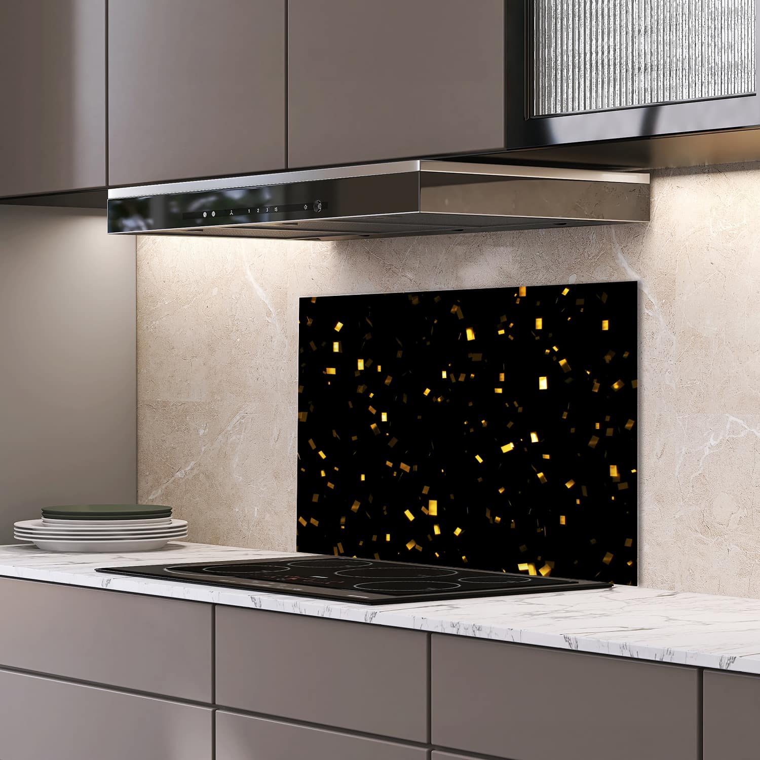 Eigen afmeting spatscherm-op-maat Keuken - Hittebestendig gehard glas - Gouden Confetti