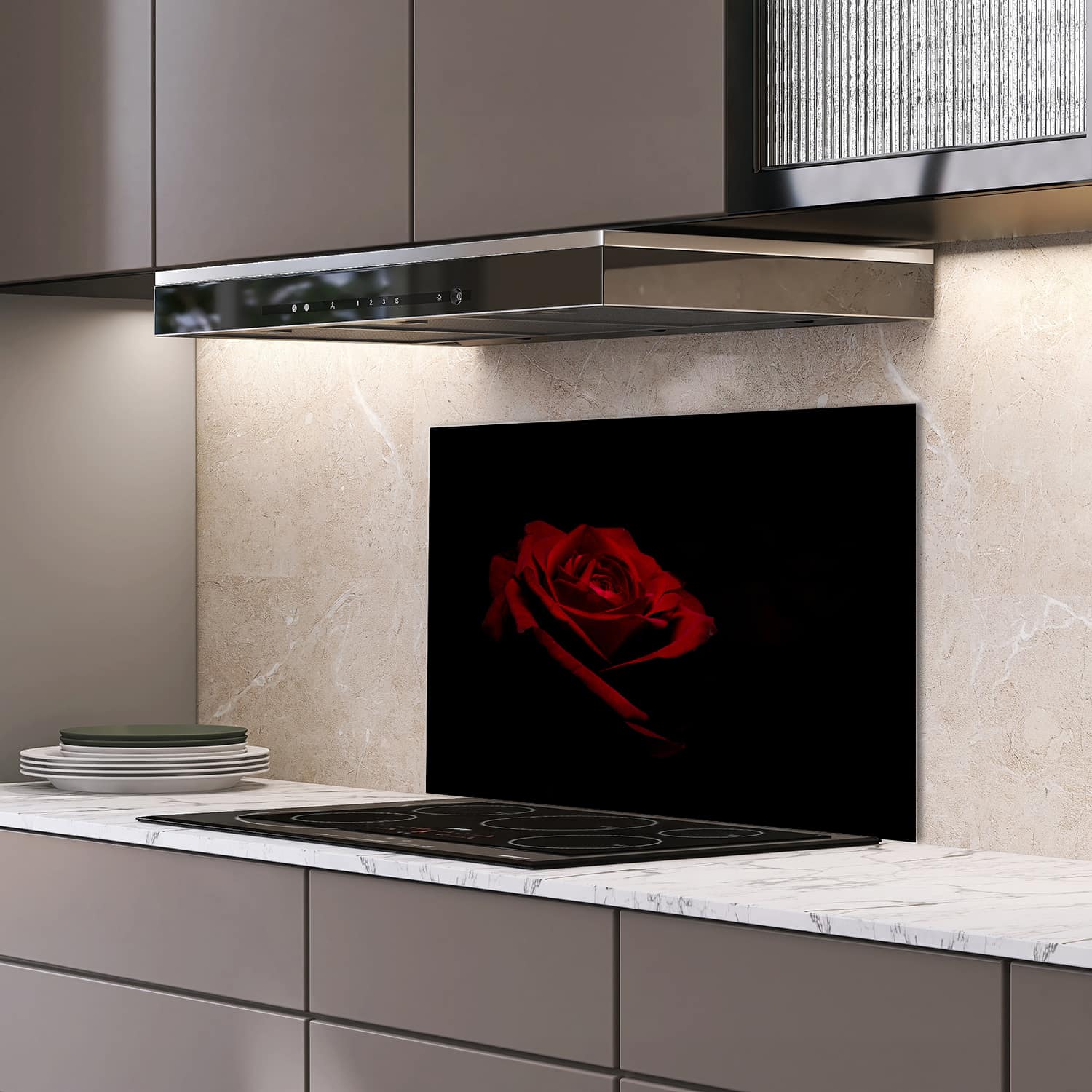 Eigen afmeting spatscherm-op-maat Keuken - Hittebestendig gehard glas - Rode Roos In Het Donker