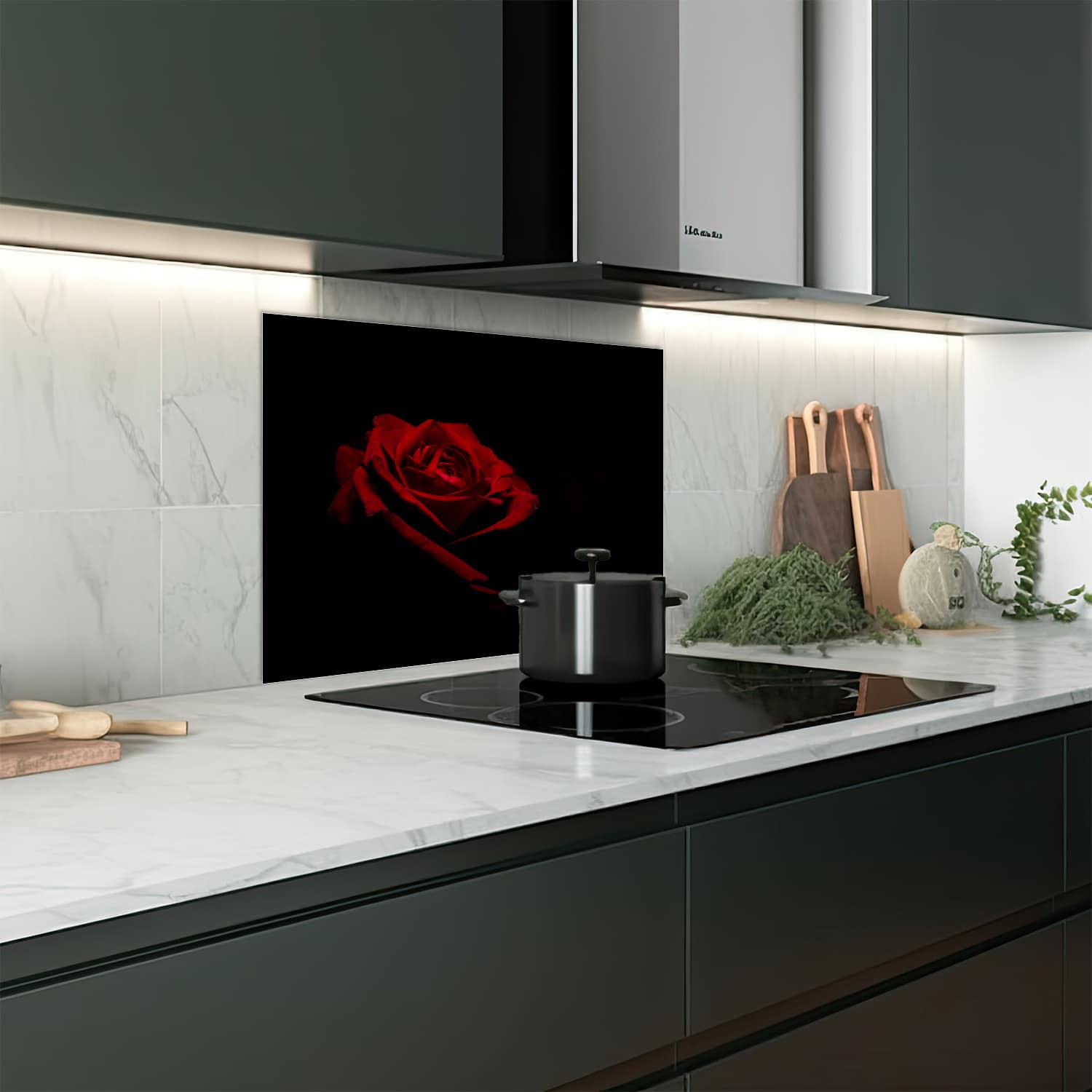 Eigen afmeting spatscherm-op-maat Keuken - Hittebestendig gehard glas - Rode Roos In Het Donker