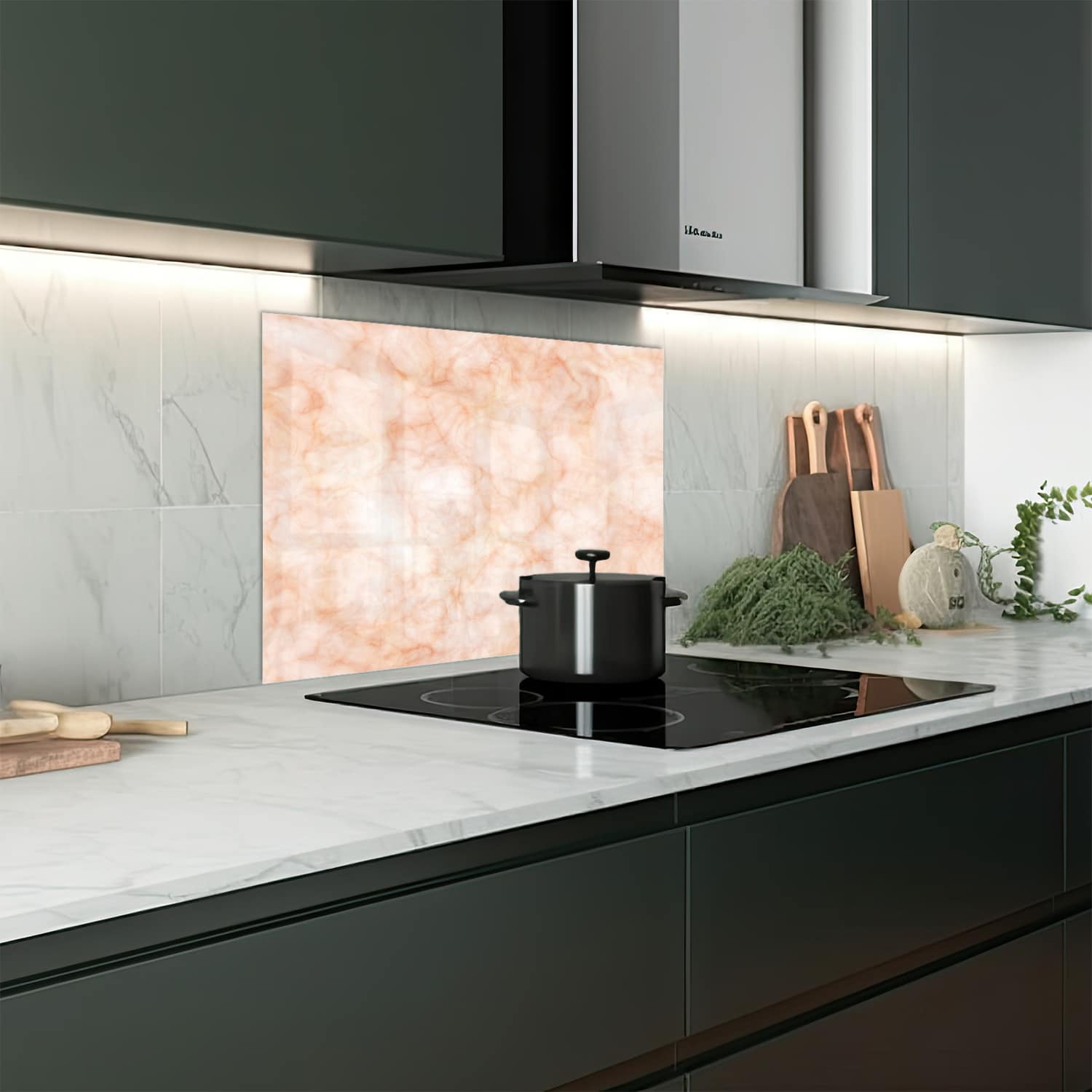Eigen afmeting spatscherm-op-maat Keuken - Hittebestendig gehard glas - Perzikkleurige Marmer