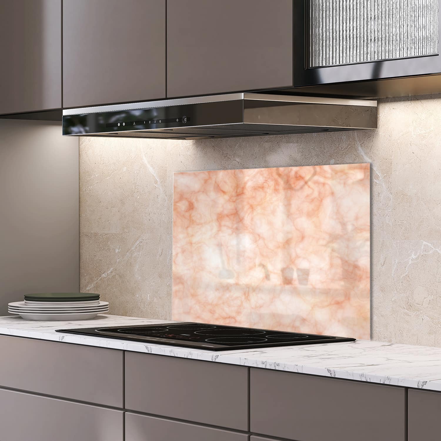 Eigen afmeting spatscherm-op-maat Keuken - Hittebestendig gehard glas - Perzikkleurige Marmer