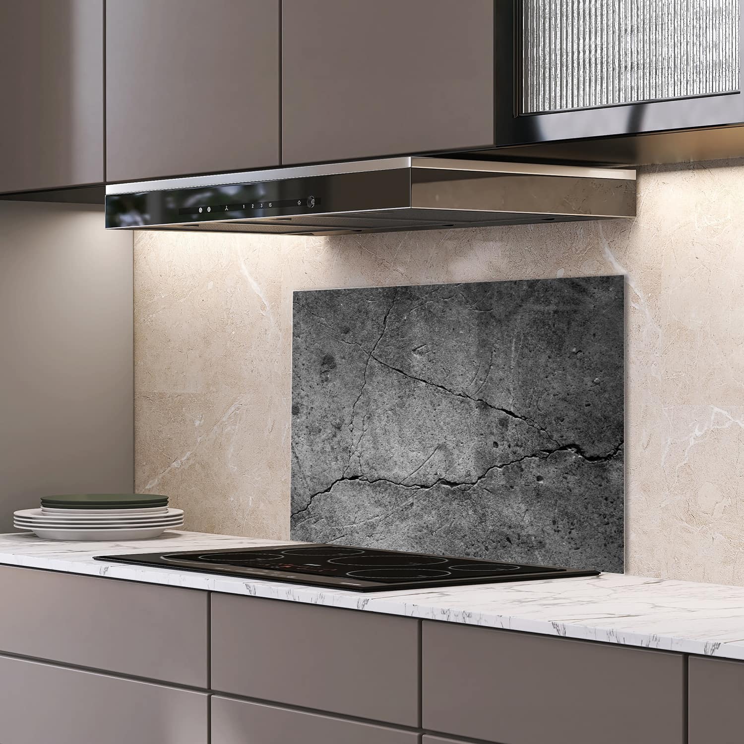 Eigen afmeting spatscherm-op-maat Keuken - Hittebestendig gehard glas - Beton met Scheuren