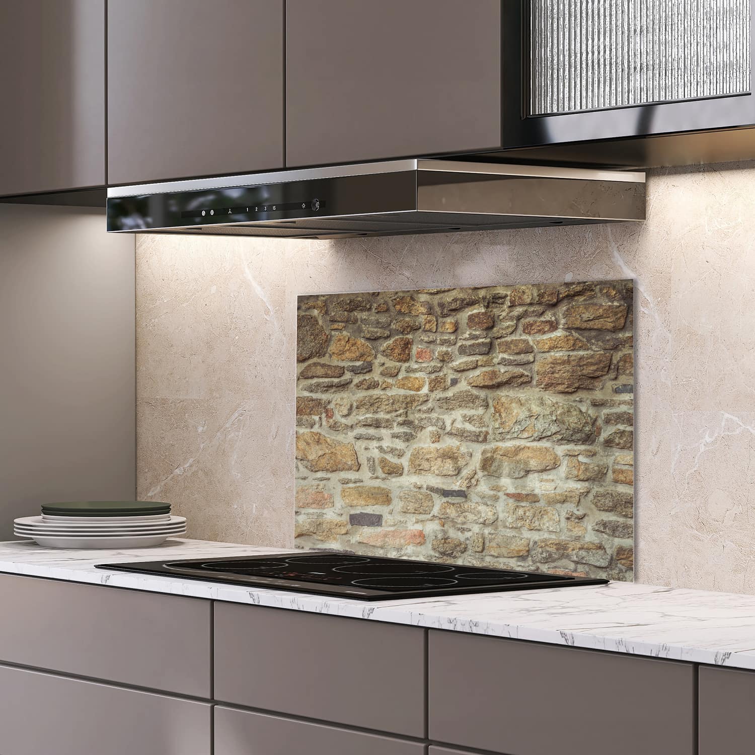 Eigen afmeting spatscherm-op-maat Keuken - Hittebestendig gehard glas - Graniet Stenen Muur