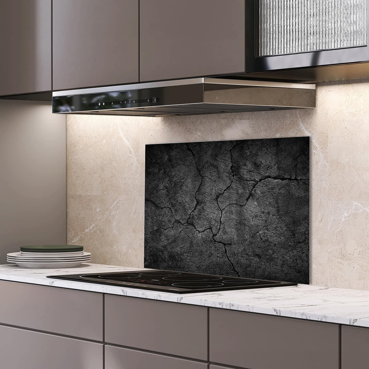 Eigen afmeting spatscherm-op-maat Keuken - Hittebestendig gehard glas - Zwart Gescheurd Beton