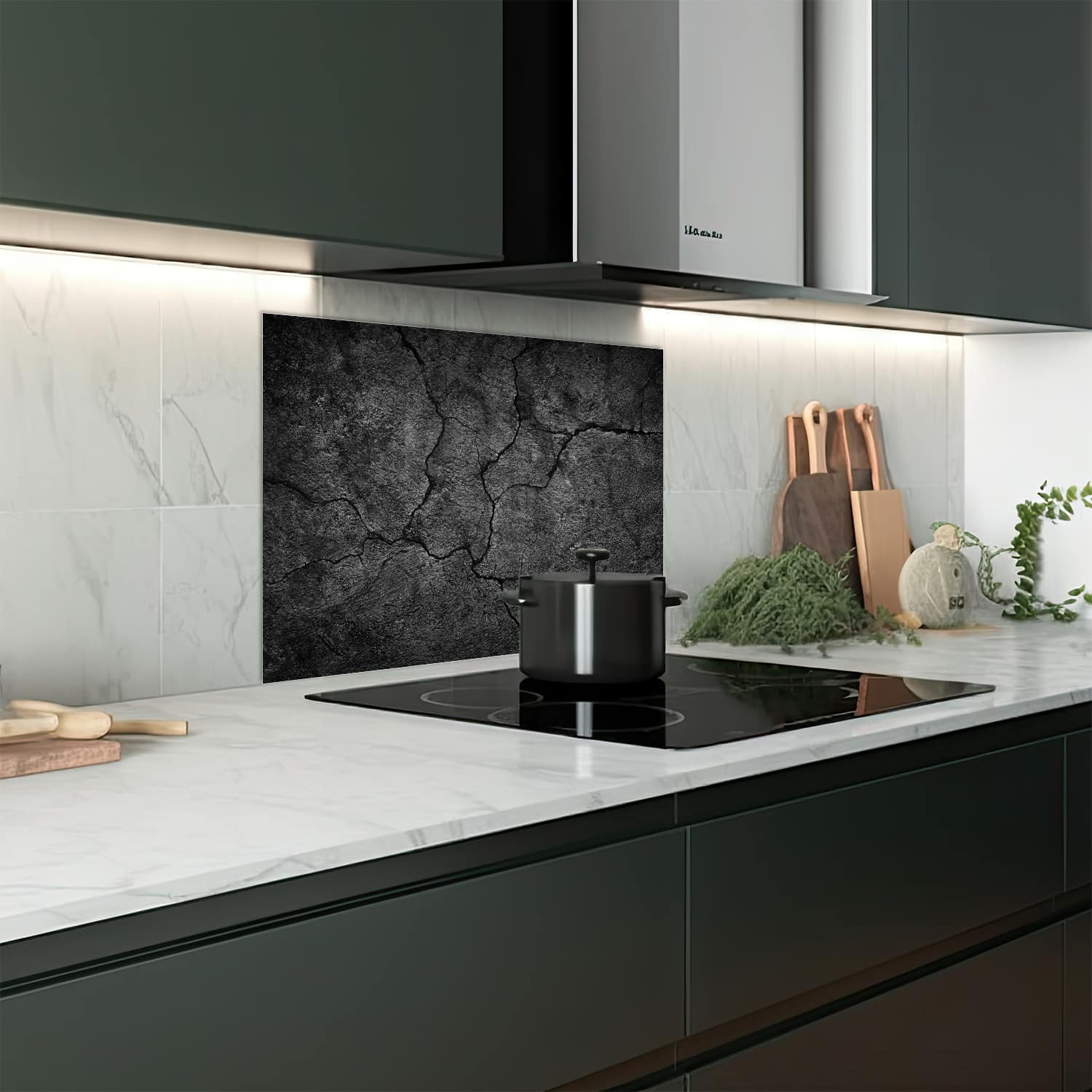 Eigen afmeting spatscherm-op-maat Keuken - Hittebestendig gehard glas - Zwart Gescheurd Beton