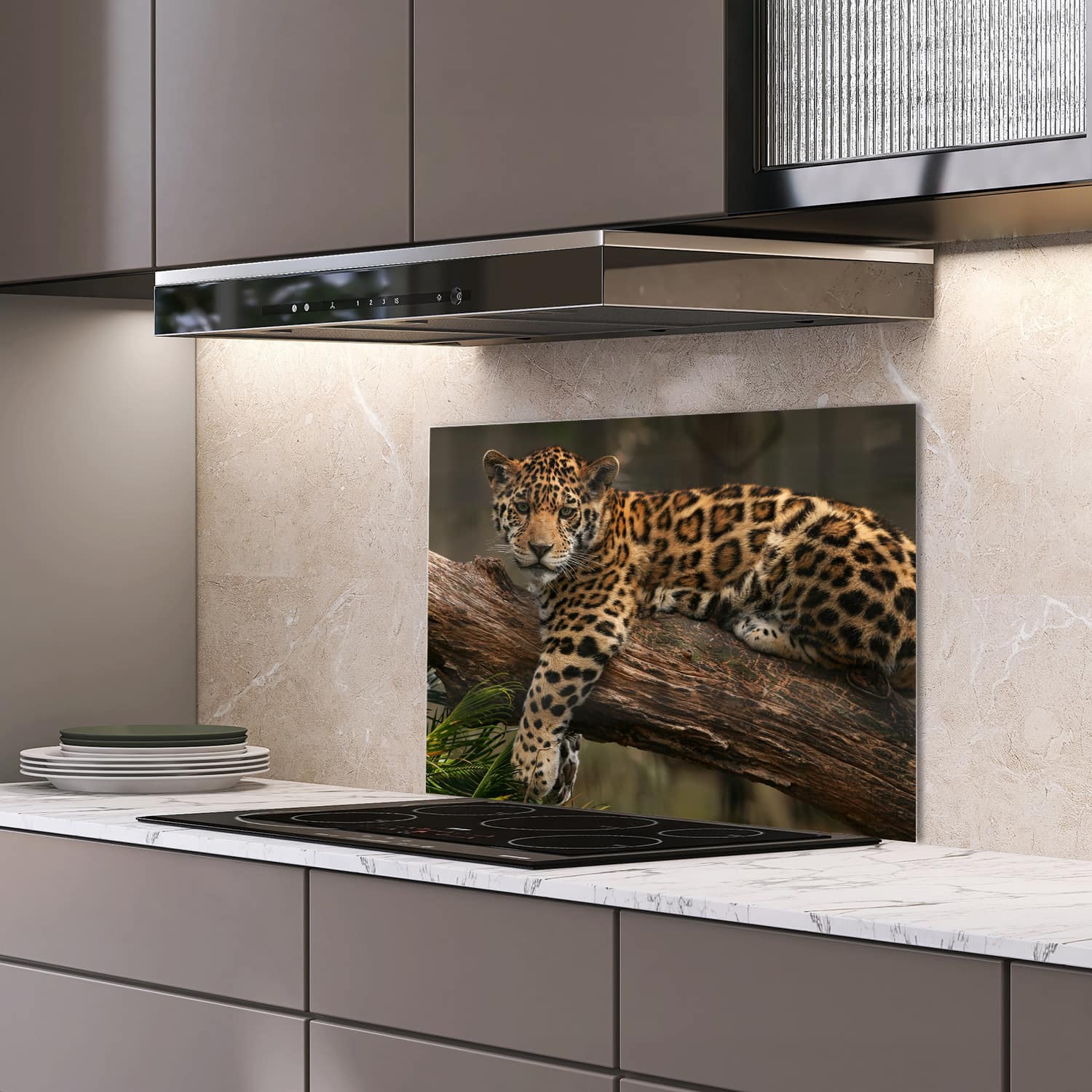 Eigen afmeting spatscherm-op-maat Keuken - Hittebestendig gehard glas - Jaguar in de Boom