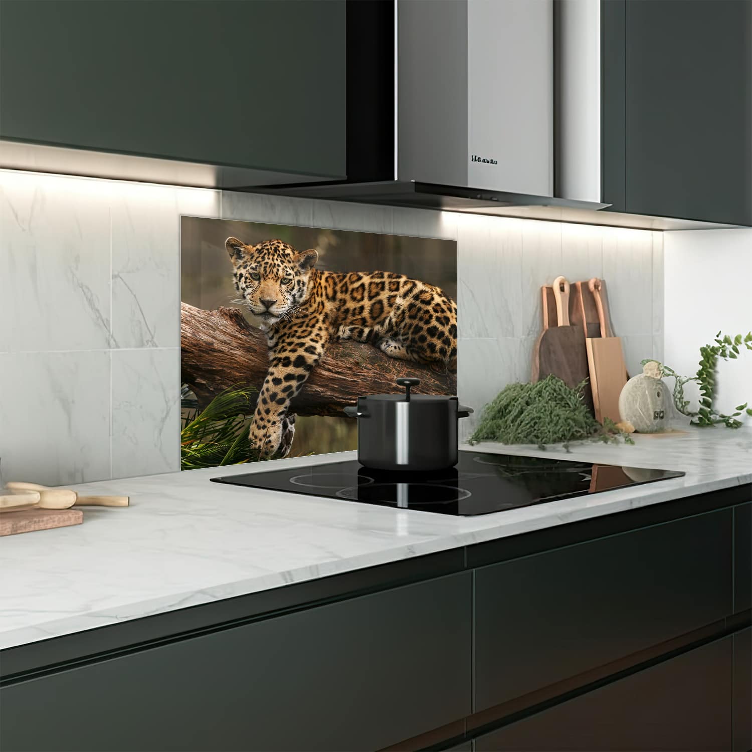 Eigen afmeting spatscherm-op-maat Keuken - Hittebestendig gehard glas - Jaguar in de Boom