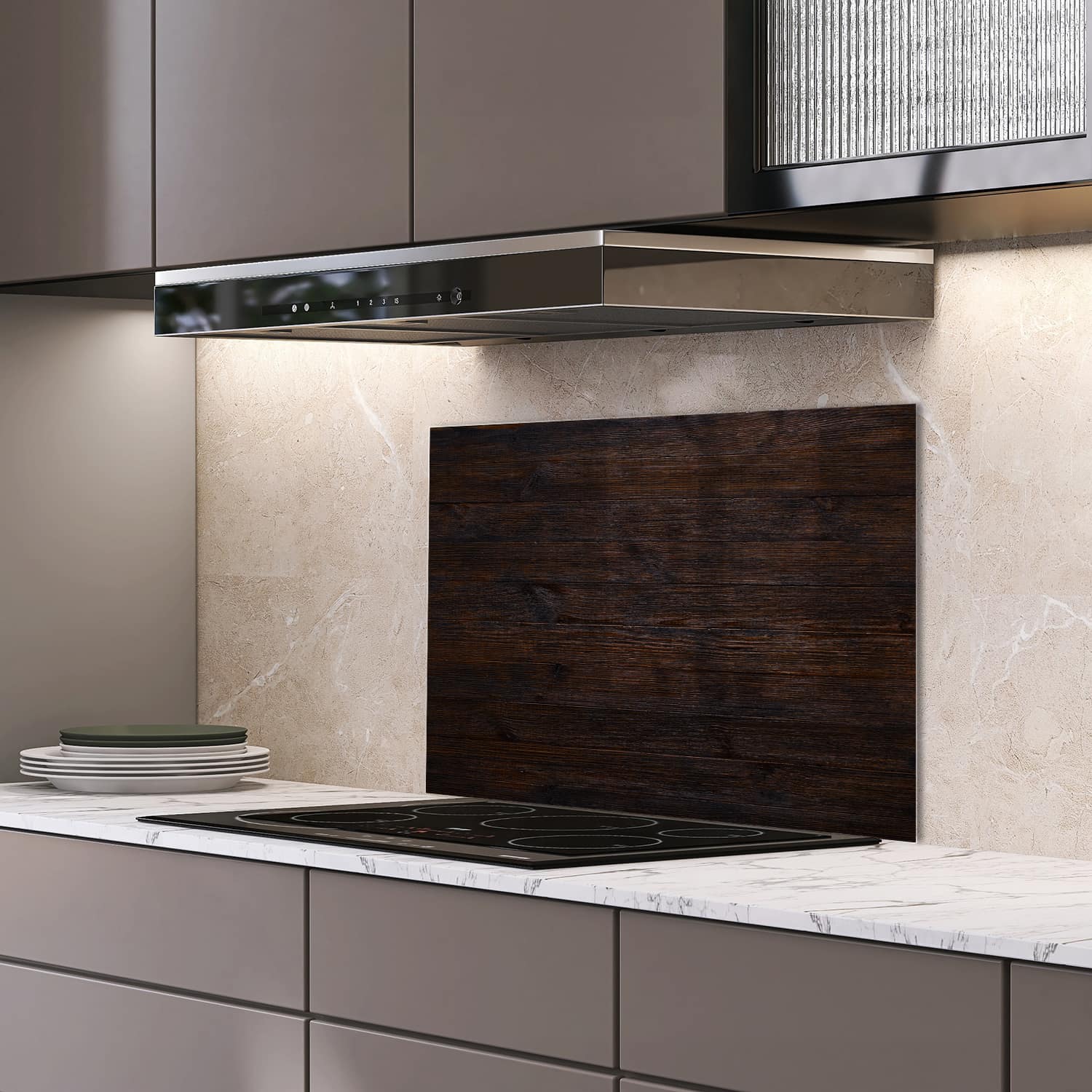 Eigen afmeting spatscherm-op-maat Keuken - Hittebestendig gehard glas - Donker Hout Textuur