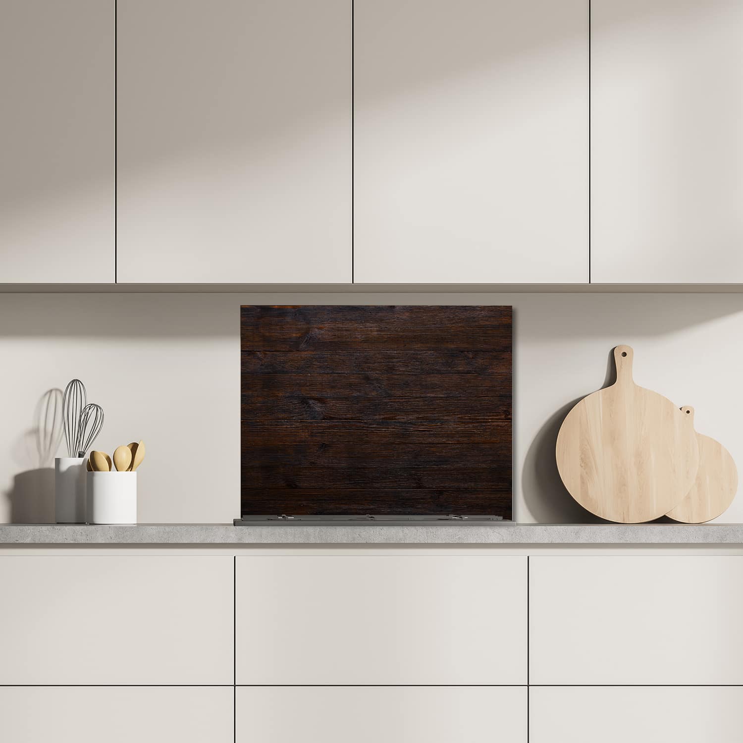 Eigen afmeting spatscherm-op-maat Keuken - Hittebestendig gehard glas - Donker Hout Textuur