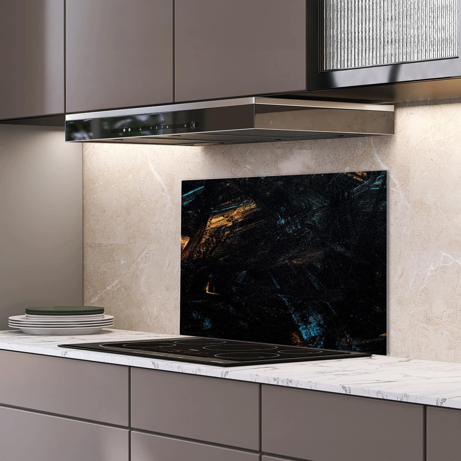 Eigen afmeting spatscherm-op-maat Keuken - Hittebestendig gehard glas - Abstracte Zwart-Gouden Achtergrond
