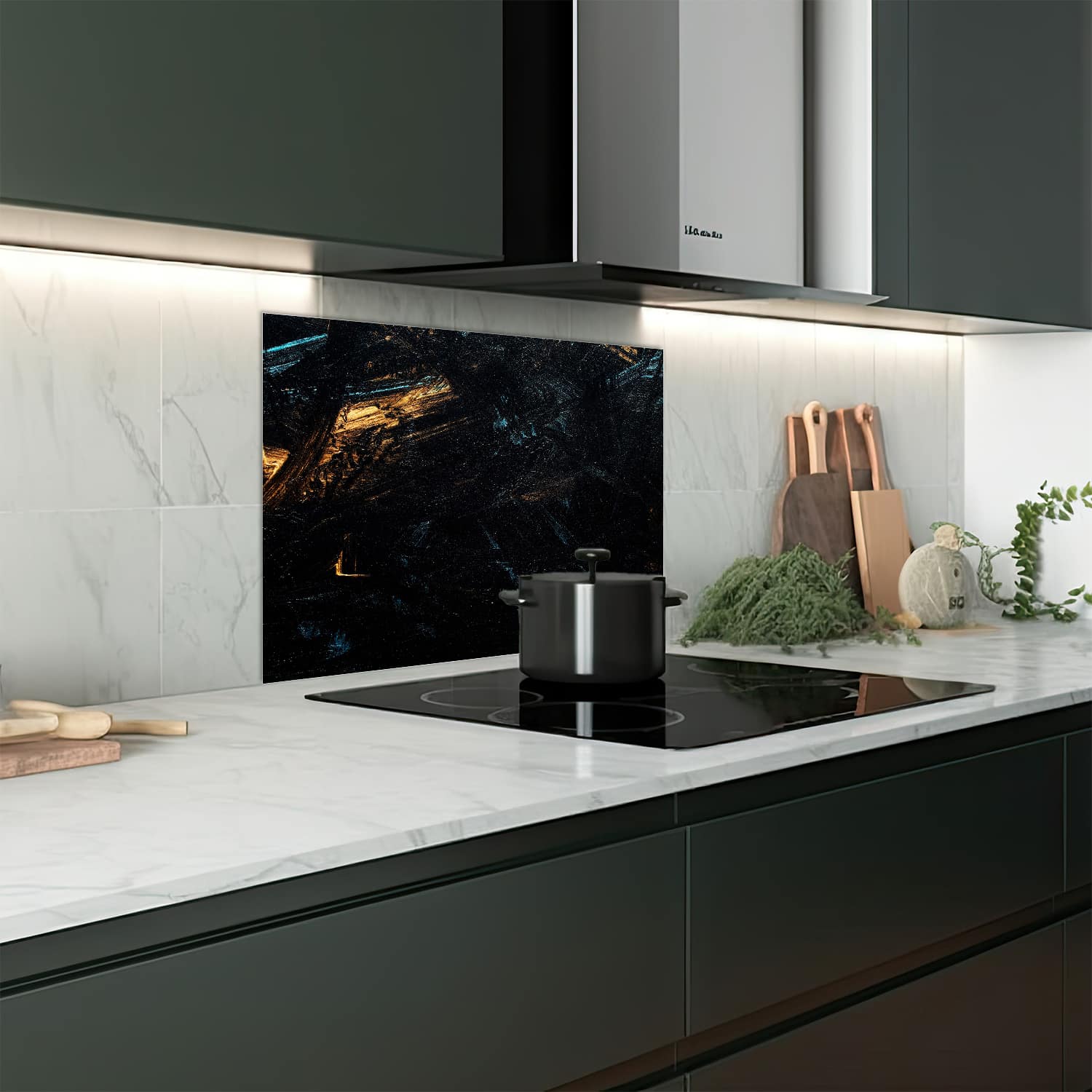 Eigen afmeting spatscherm-op-maat Keuken - Hittebestendig gehard glas - Abstracte Zwart-Gouden Achtergrond