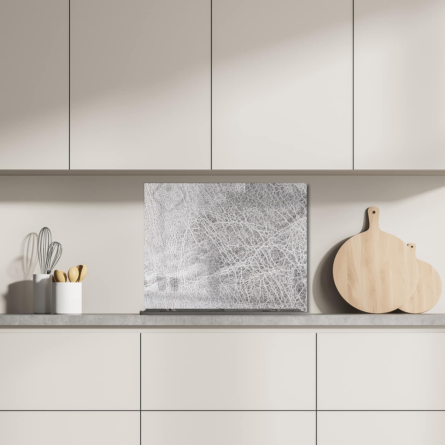 Eigen afmeting spatscherm-op-maat Keuken - Hittebestendig gehard glas - Zilver Leer Close-up