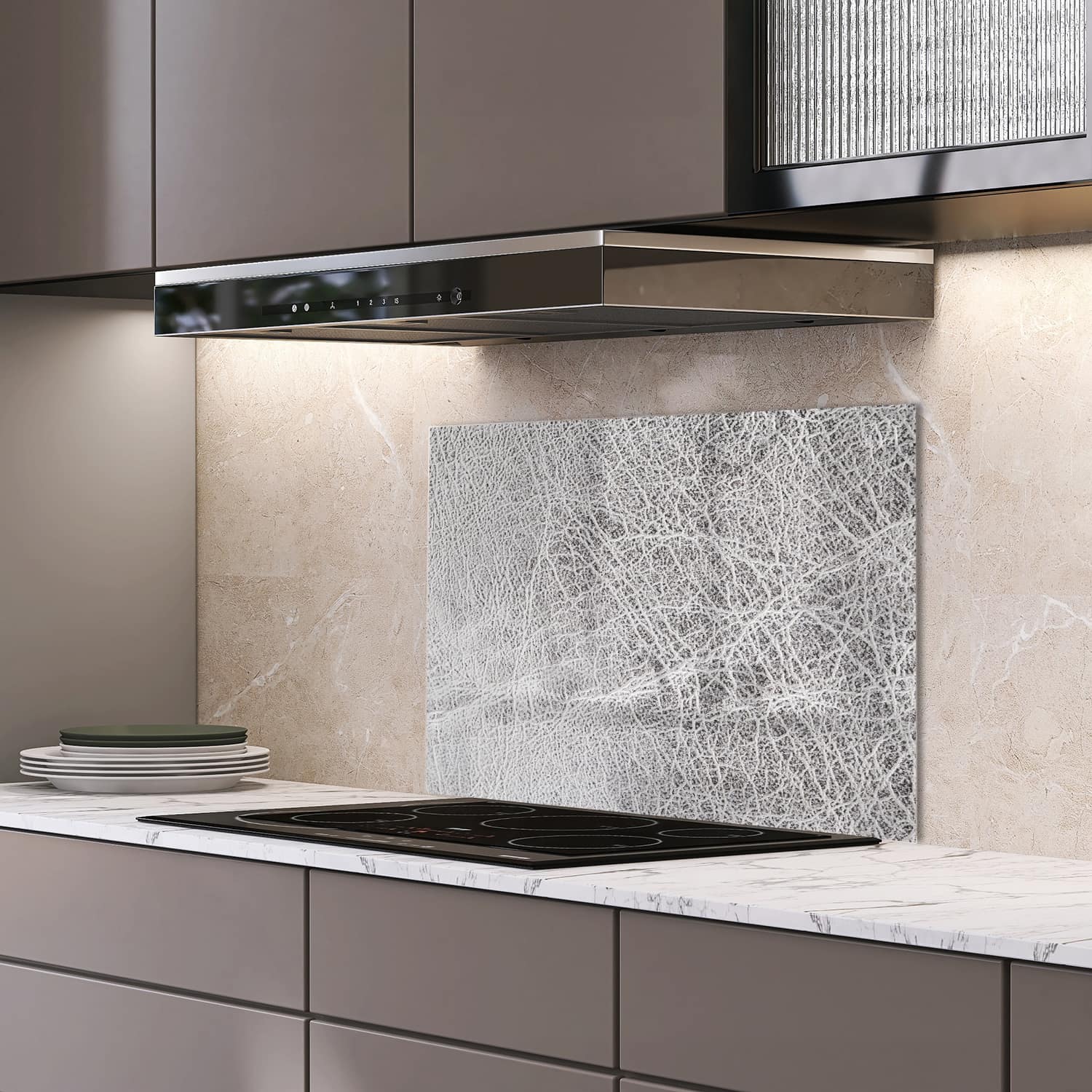 Eigen afmeting spatscherm-op-maat Keuken - Hittebestendig gehard glas - Zilver Leer Close-up