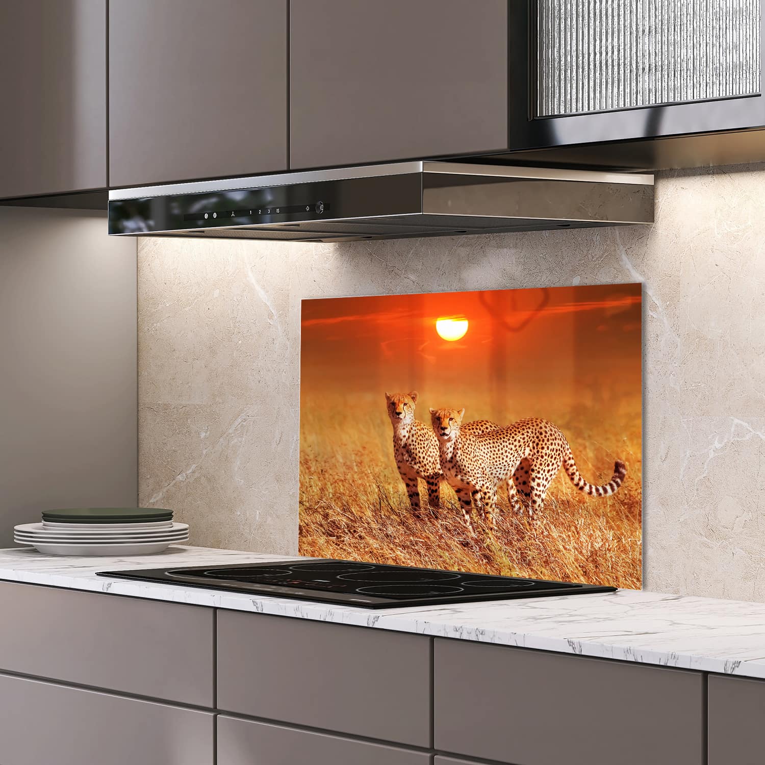 Eigen afmeting spatscherm-op-maat Keuken - Hittebestendig gehard glas - Twee Cheetahs