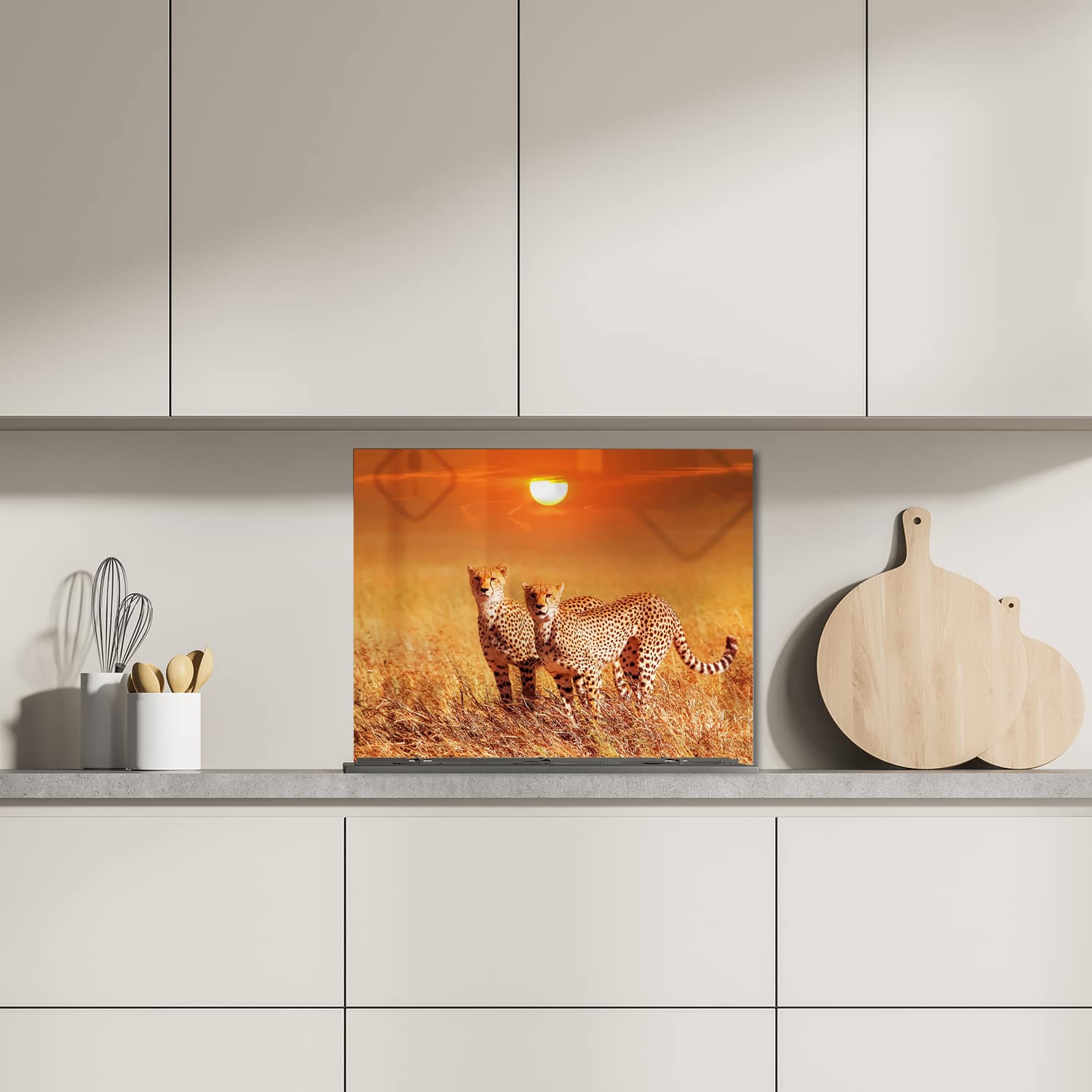 Eigen afmeting spatscherm-op-maat Keuken - Hittebestendig gehard glas - Twee Cheetahs