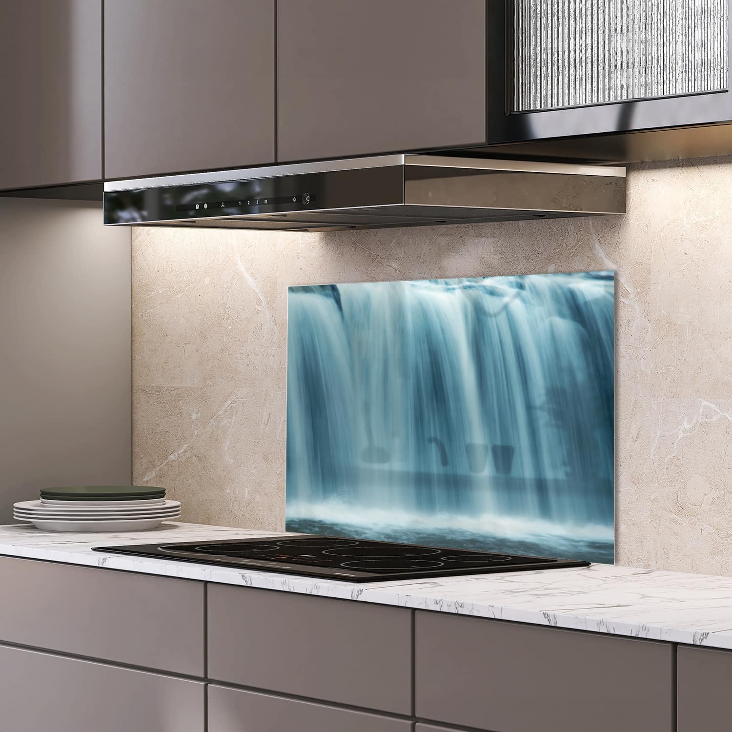 Eigen afmeting spatscherm-op-maat Keuken - Hittebestendig gehard glas - Waterval