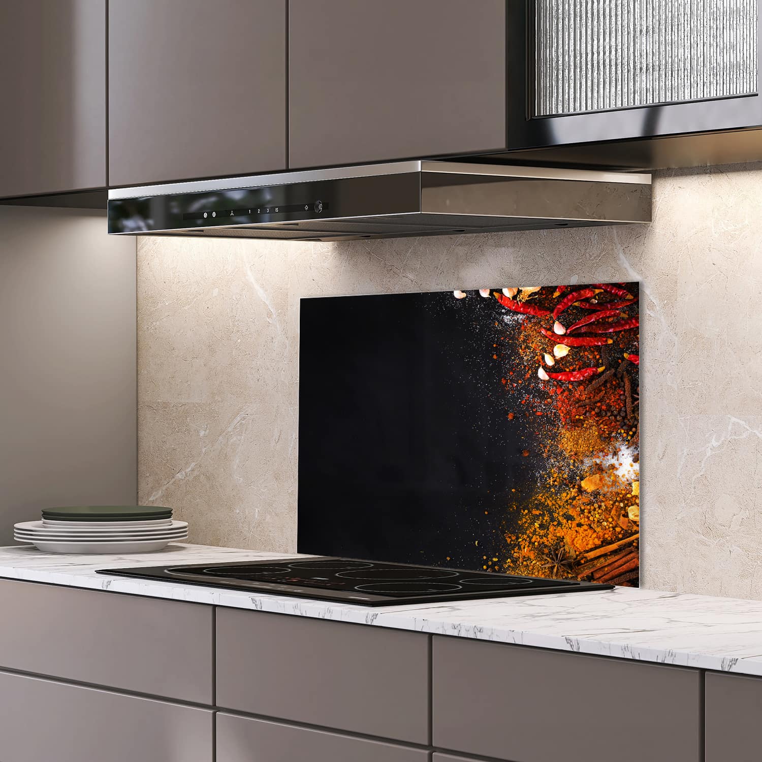 Eigen afmeting spatscherm-op-maat Keuken - Hittebestendig gehard glas - Smaakvolle Specerijen