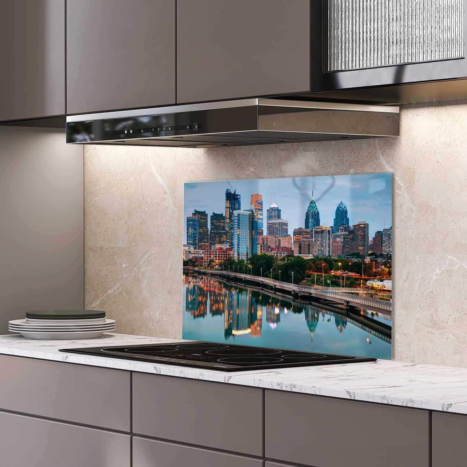 Eigen afmeting spatscherm-op-maat Keuken - Hittebestendig gehard glas - Philadelphia Skyline bij Nacht