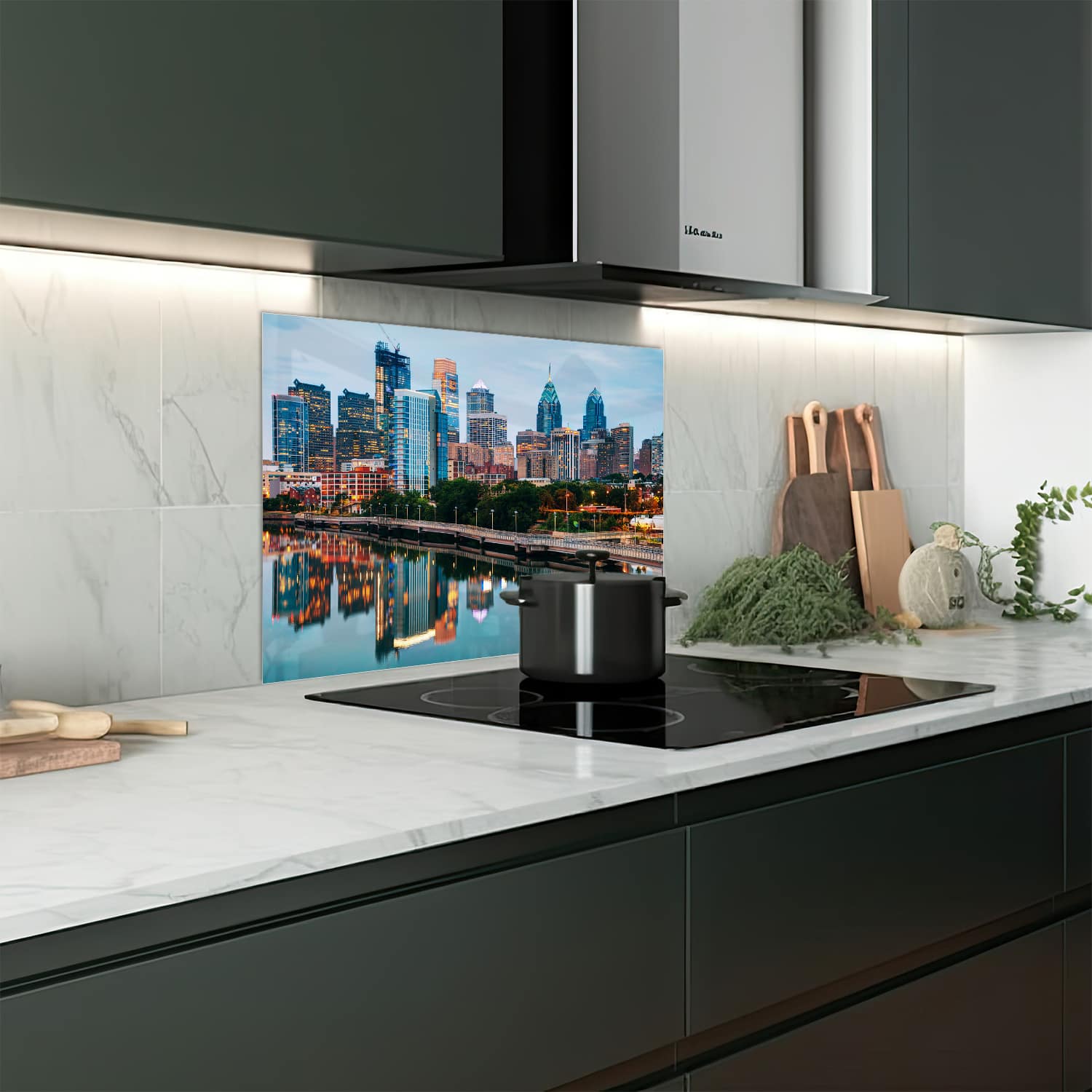 Eigen afmeting spatscherm-op-maat Keuken - Hittebestendig gehard glas - Philadelphia Skyline bij Nacht