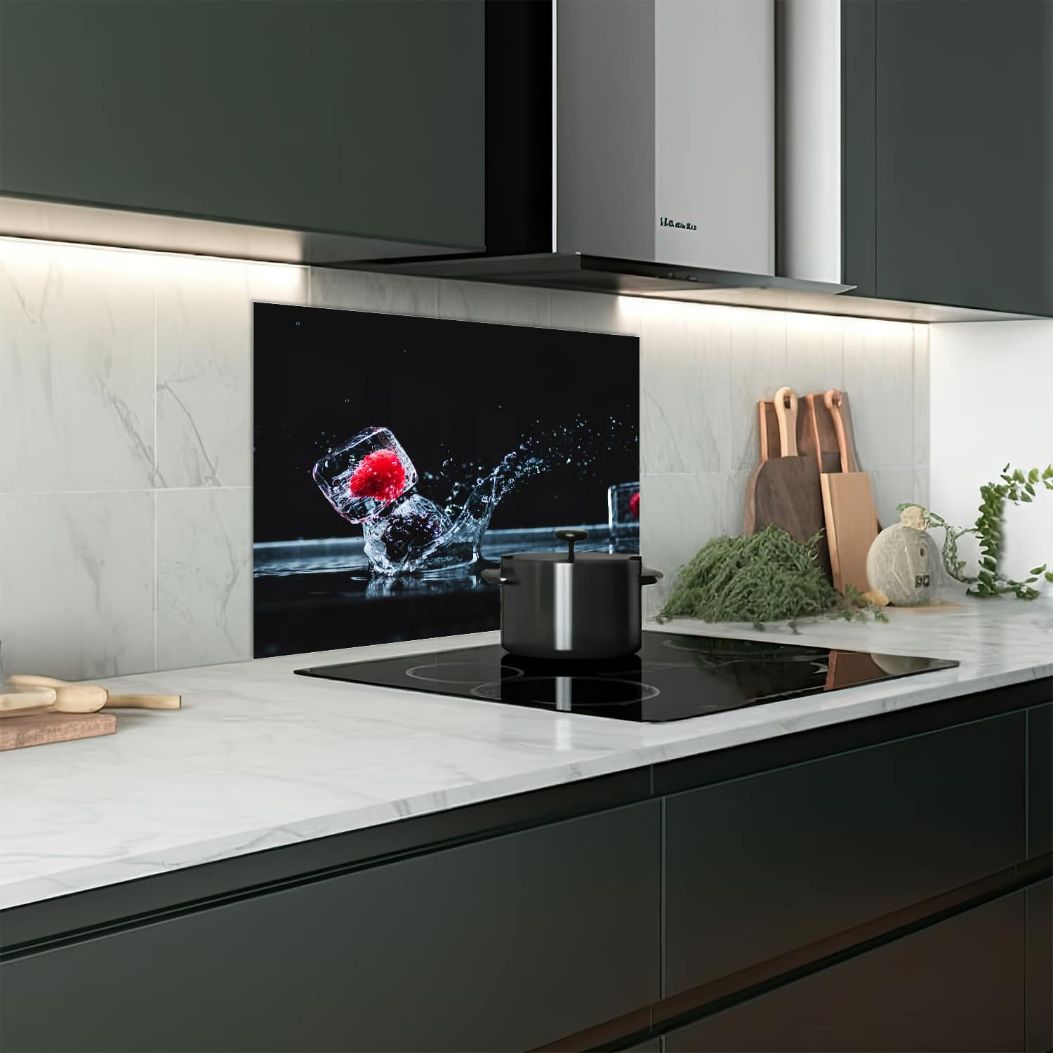 Eigen afmeting spatscherm-op-maat Keuken - Hittebestendig gehard glas - Fruit in Ijsblokjes