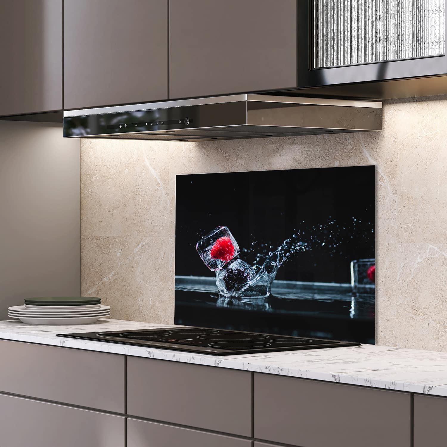 Eigen afmeting spatscherm-op-maat Keuken - Hittebestendig gehard glas - Fruit in Ijsblokjes