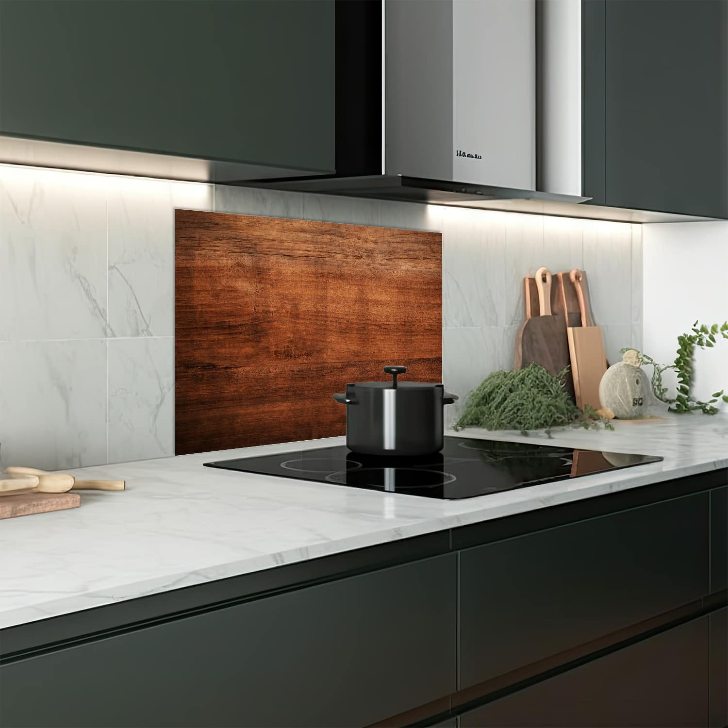 Eigen afmeting spatscherm-op-maat Keuken - Hittebestendig gehard glas - Oud Bruin Hout