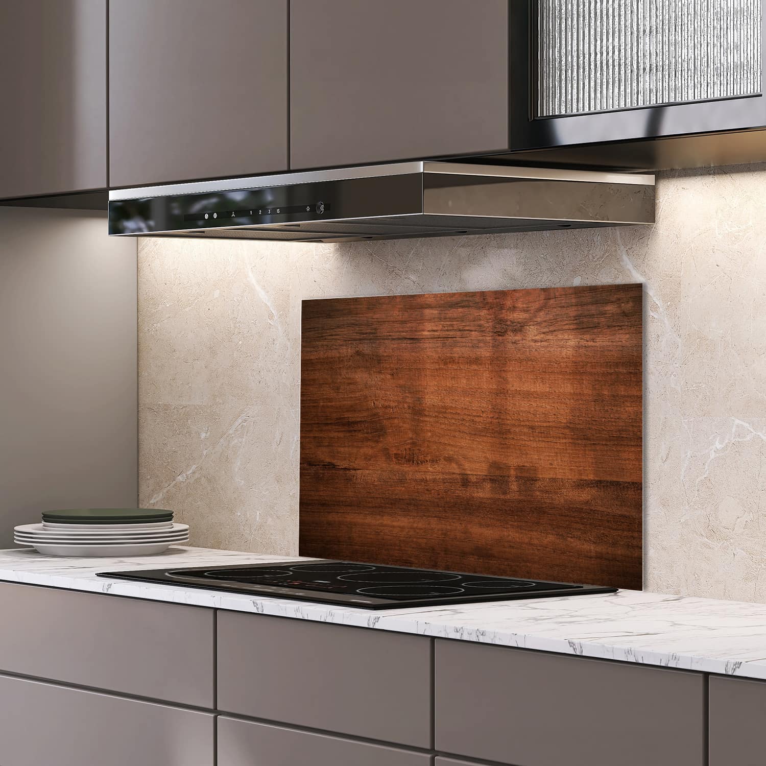 Eigen afmeting spatscherm-op-maat Keuken - Hittebestendig gehard glas - Oud Bruin Hout