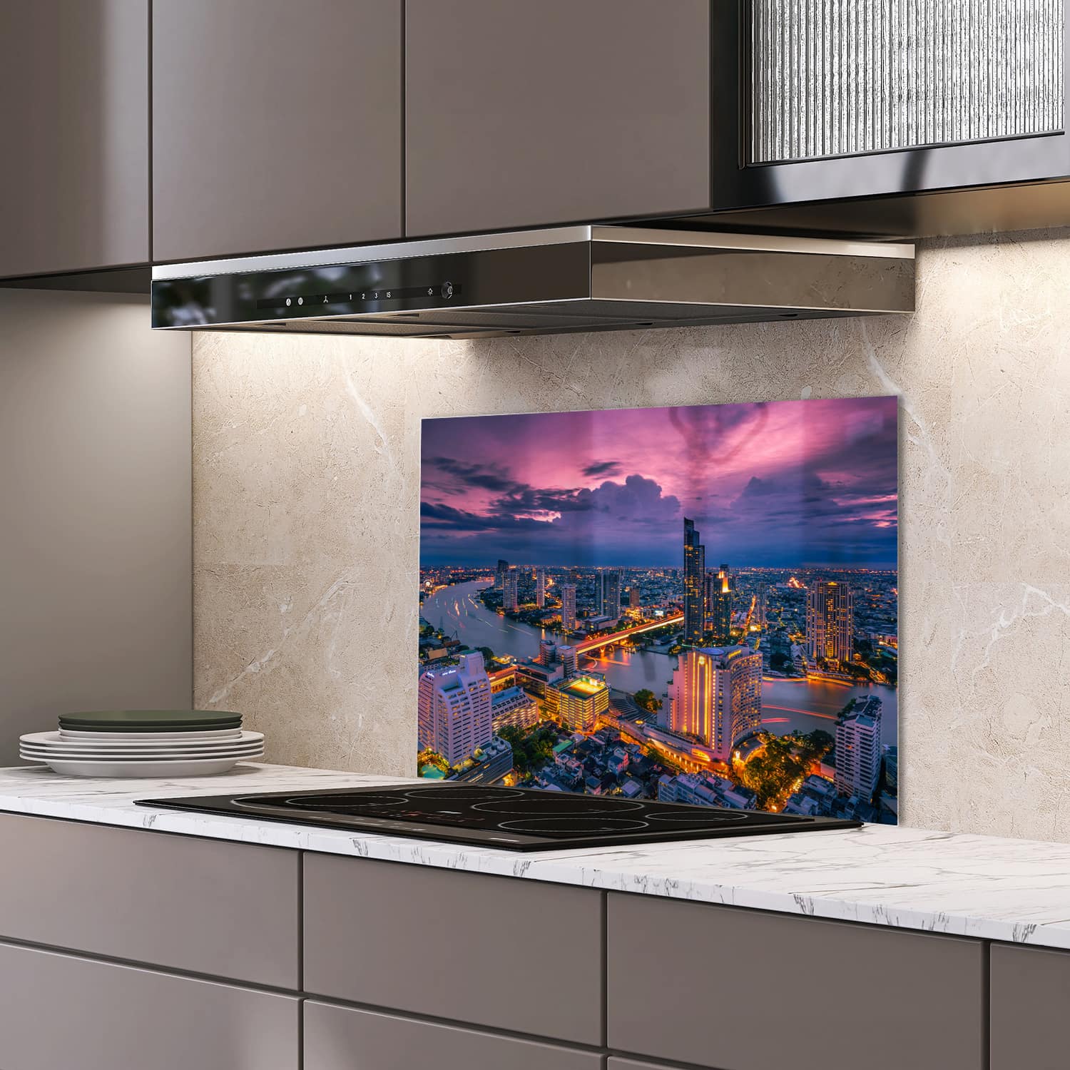Eigen afmeting spatscherm-op-maat Keuken - Hittebestendig gehard glas - Bangkok bij Schemering