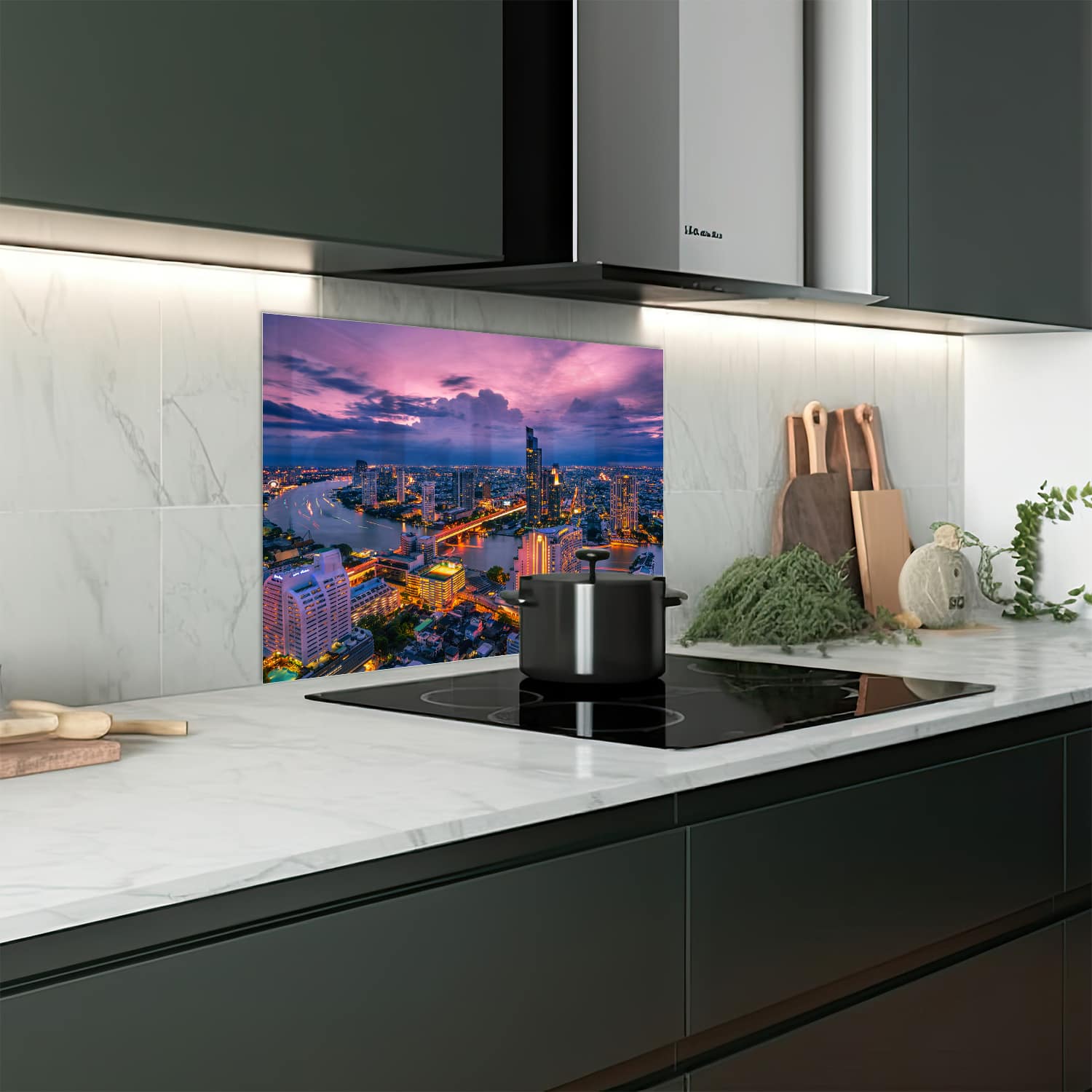 Eigen afmeting spatscherm-op-maat Keuken - Hittebestendig gehard glas - Bangkok bij Schemering