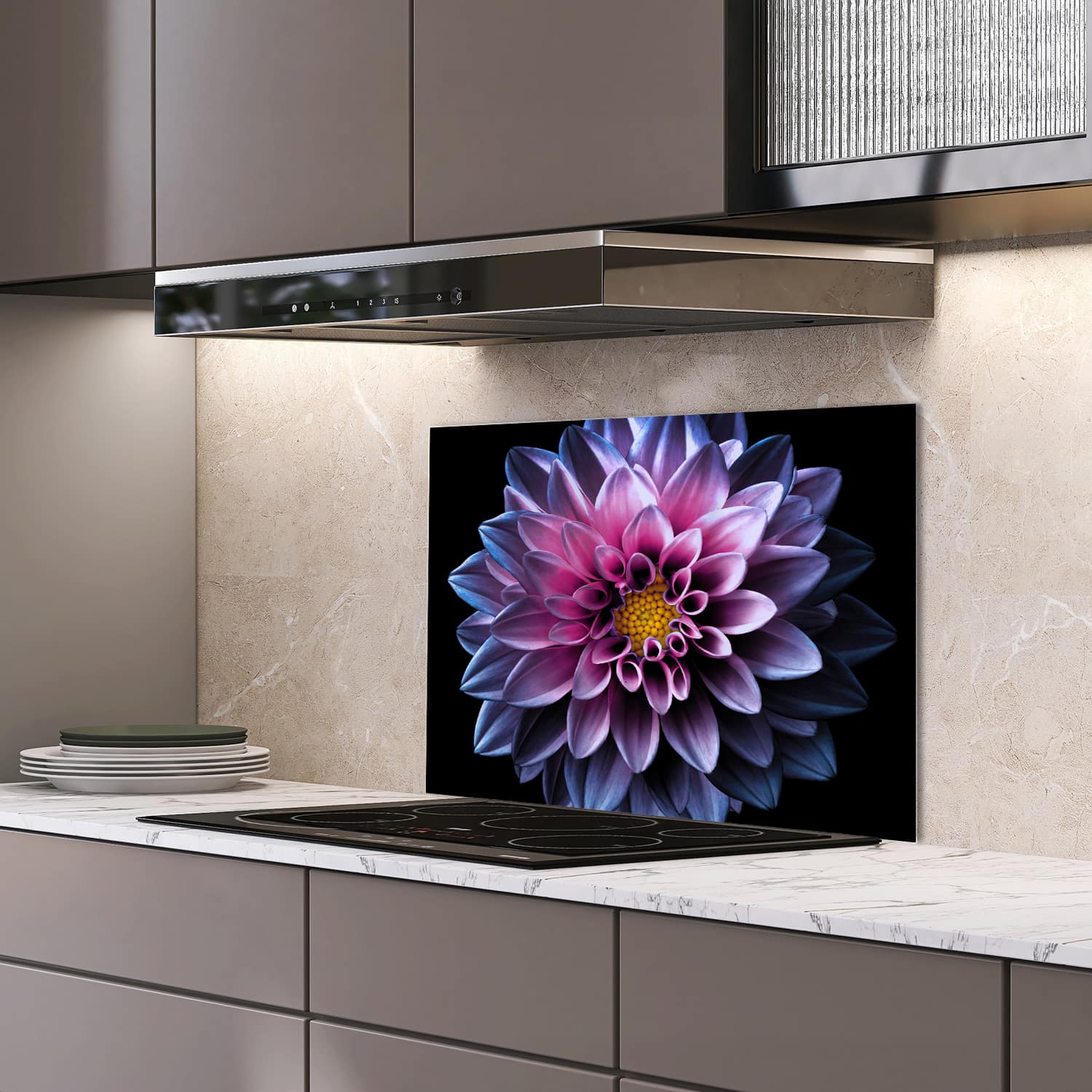 Eigen afmeting spatscherm-op-maat Keuken - Hittebestendig gehard glas - Blauw/Roze Dahlia