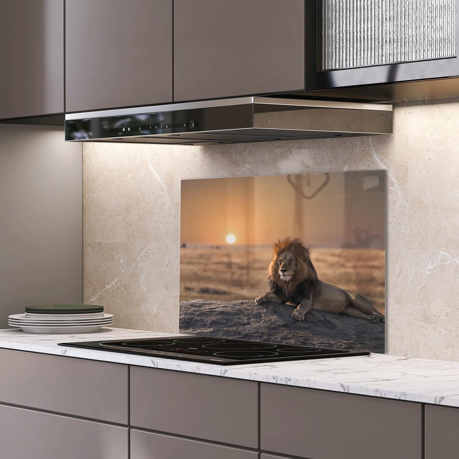 Eigen afmeting spatscherm-op-maat Keuken - Hittebestendig gehard glas - Leeuw op een Rots