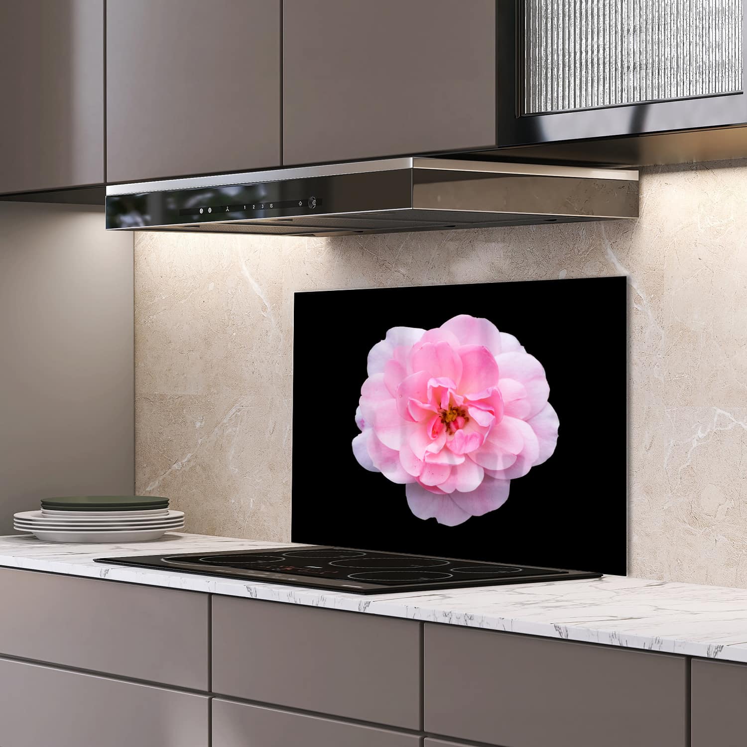 Eigen afmeting spatscherm-op-maat Keuken - Hittebestendig gehard glas - Lichtroze Floribunda
