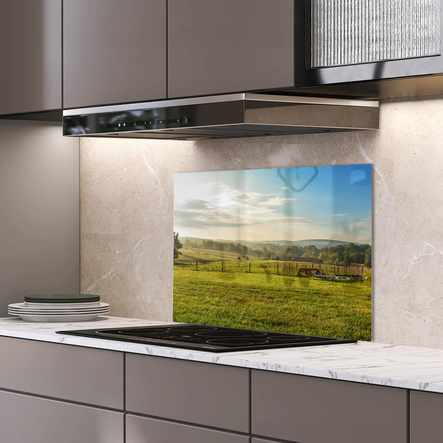 Eigen afmeting spatscherm-op-maat Keuken - Hittebestendig gehard glas - Veld Bij Smith Mountain
