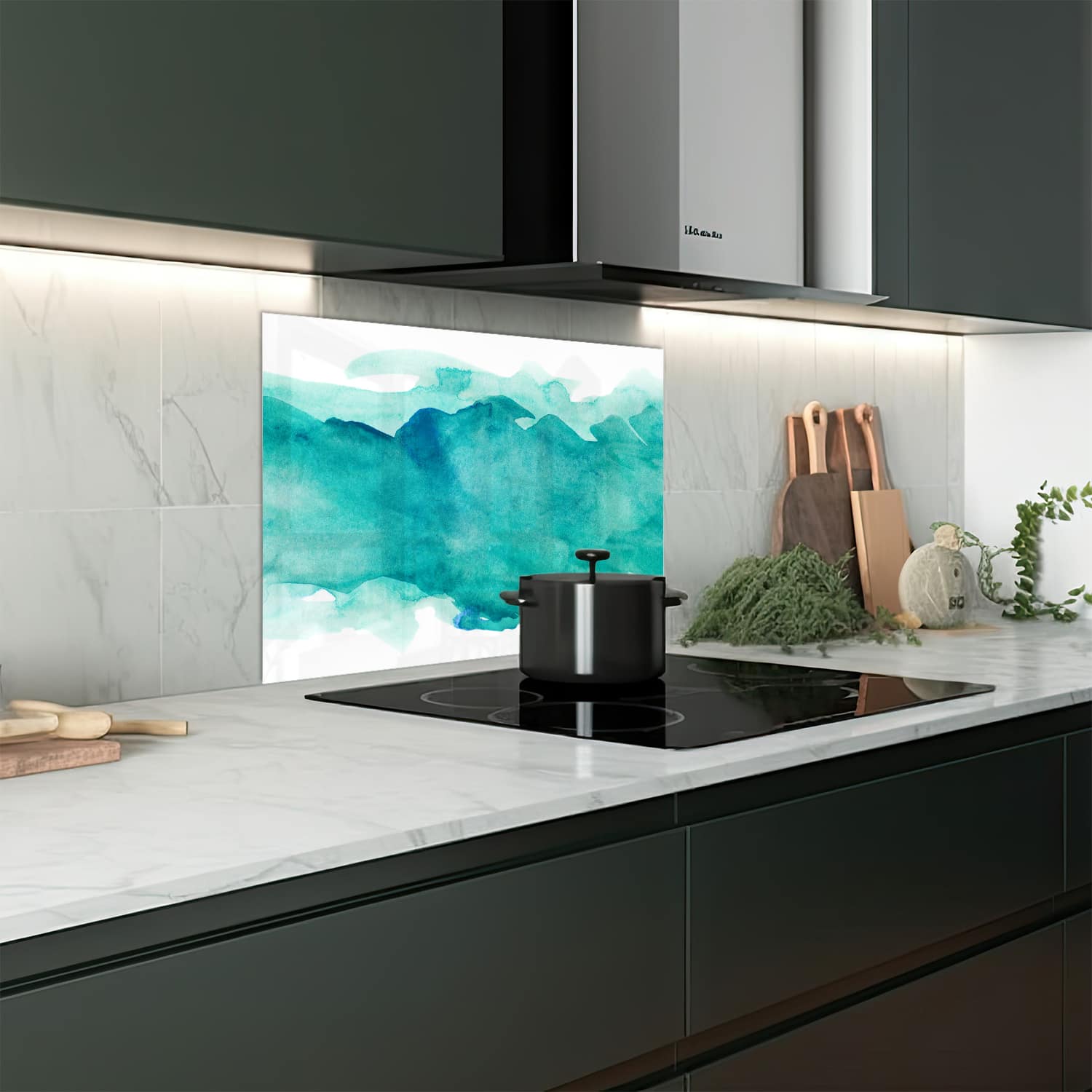 Eigen afmeting spatscherm-op-maat Keuken - Hittebestendig gehard glas - Groene Waterverf Streep