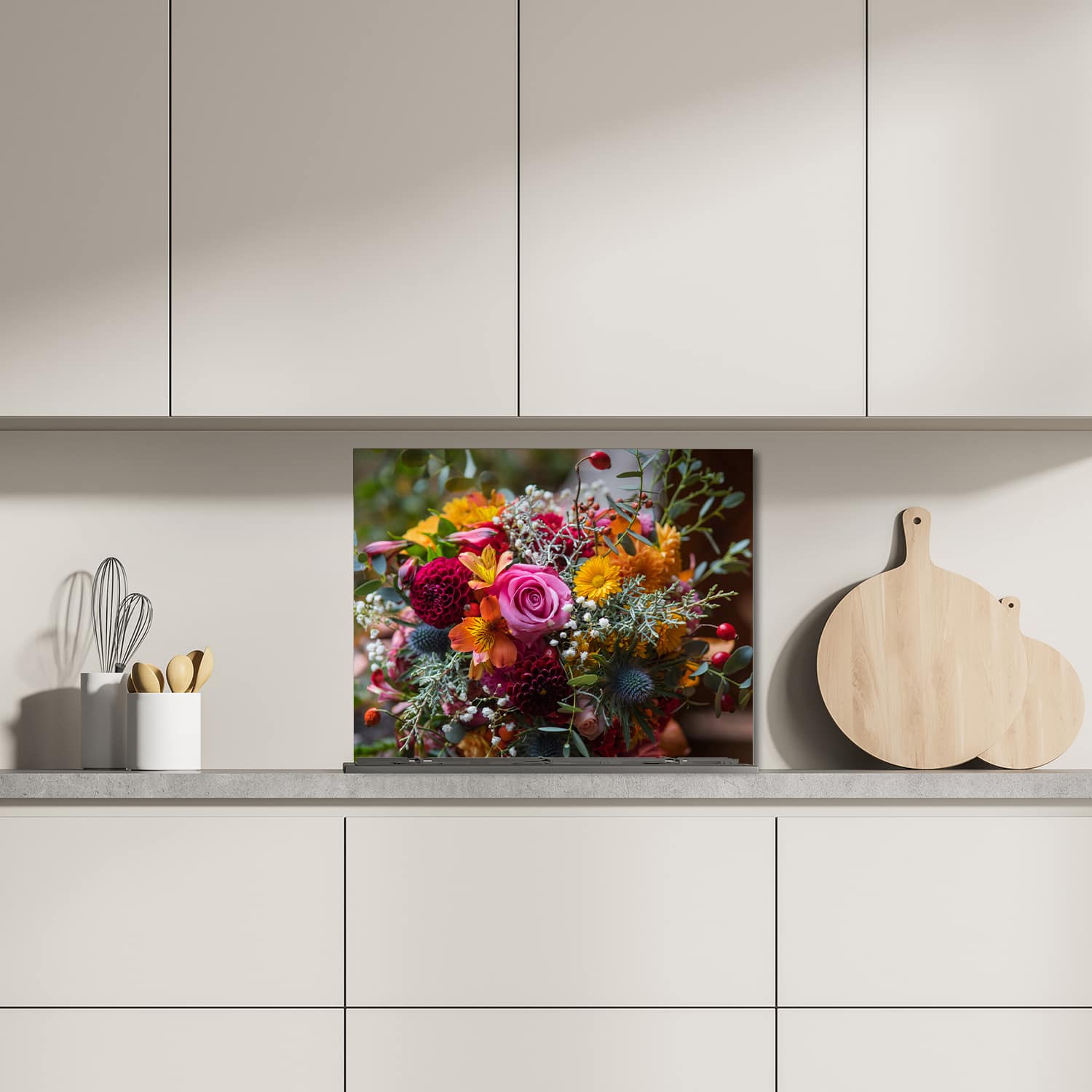 Eigen afmeting spatscherm-op-maat Keuken - Hittebestendig gehard glas - Kleurrijk Bloemboeket