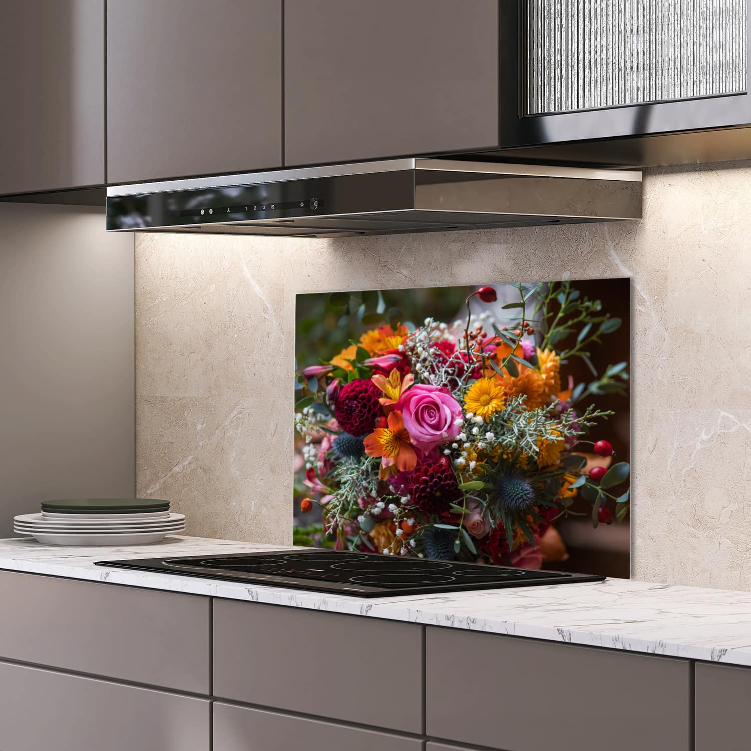 Eigen afmeting spatscherm-op-maat Keuken - Hittebestendig gehard glas - Kleurrijk Bloemboeket