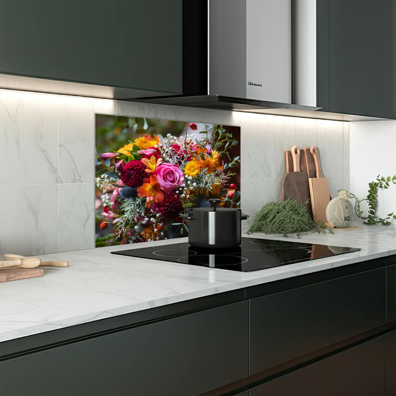 Eigen afmeting spatscherm-op-maat Keuken - Hittebestendig gehard glas - Kleurrijk Bloemboeket