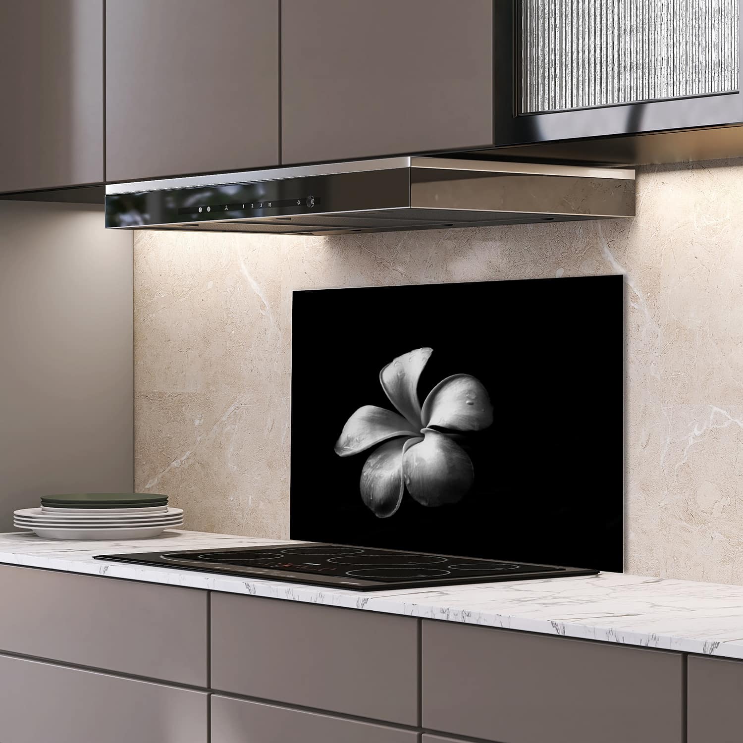 Eigen afmeting spatscherm-op-maat Keuken - Hittebestendig gehard glas - Plumeria