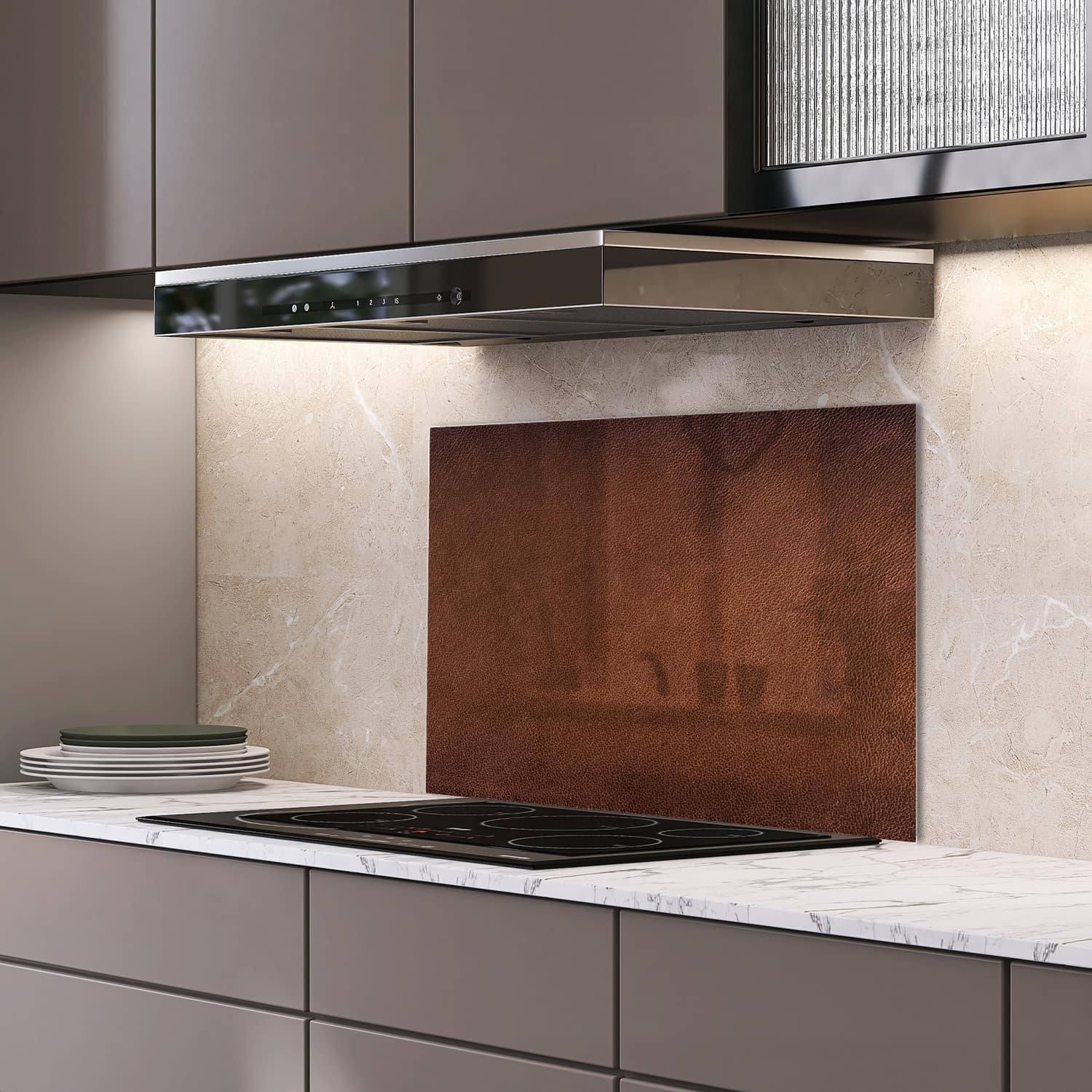 Eigen afmeting spatscherm-op-maat Keuken - Hittebestendig gehard glas - Bruin Leer
