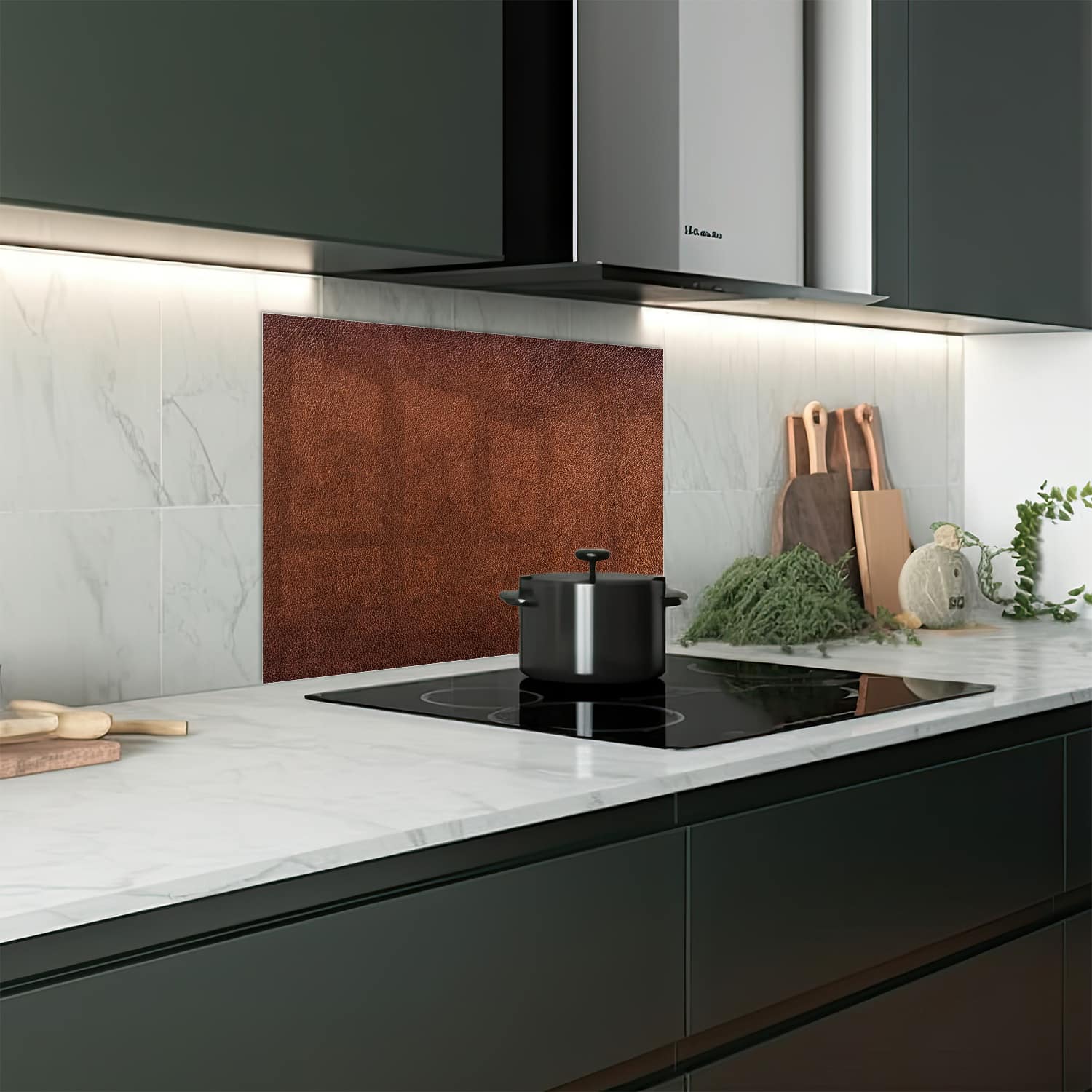 Eigen afmeting spatscherm-op-maat Keuken - Hittebestendig gehard glas - Bruin Leer