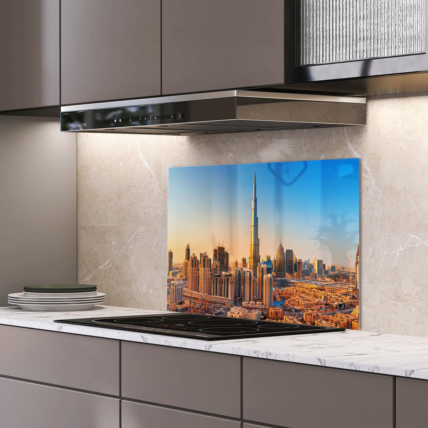 Eigen afmeting spatscherm-op-maat Keuken - Hittebestendig gehard glas - Zonsondergang in Dubai