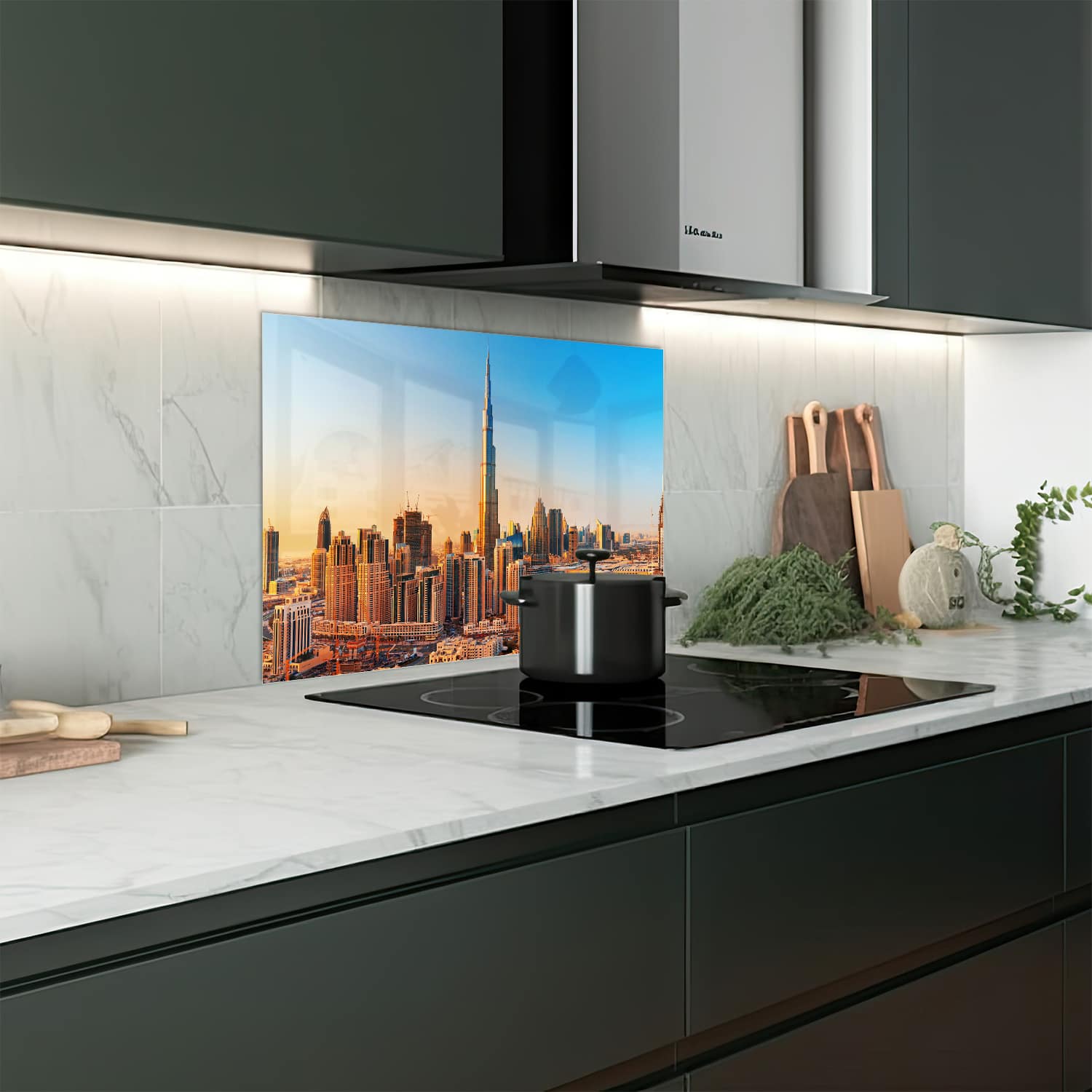 Eigen afmeting spatscherm-op-maat Keuken - Hittebestendig gehard glas - Zonsondergang in Dubai