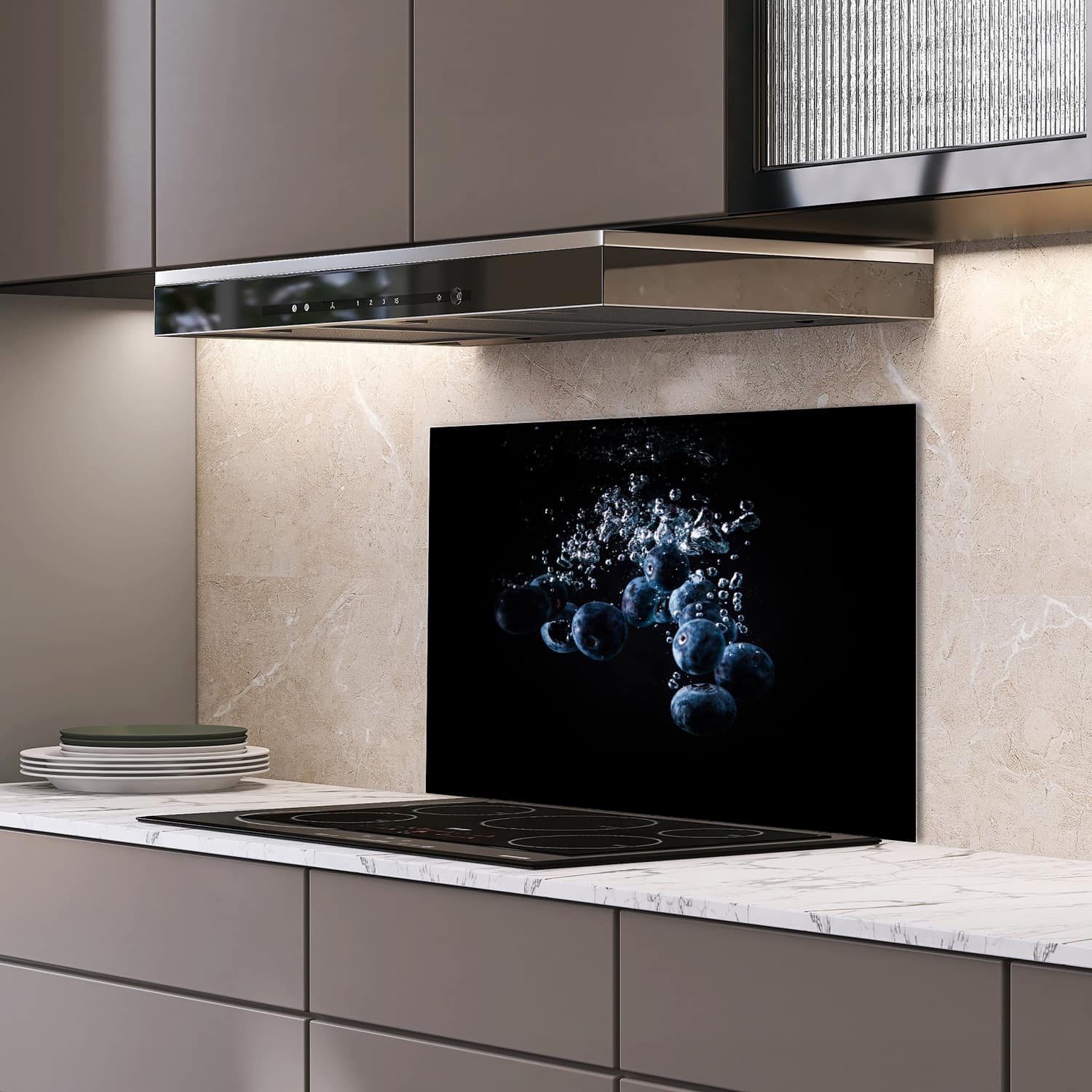 Eigen afmeting spatscherm-op-maat Keuken - Hittebestendig gehard glas - Bosbessen in het Water