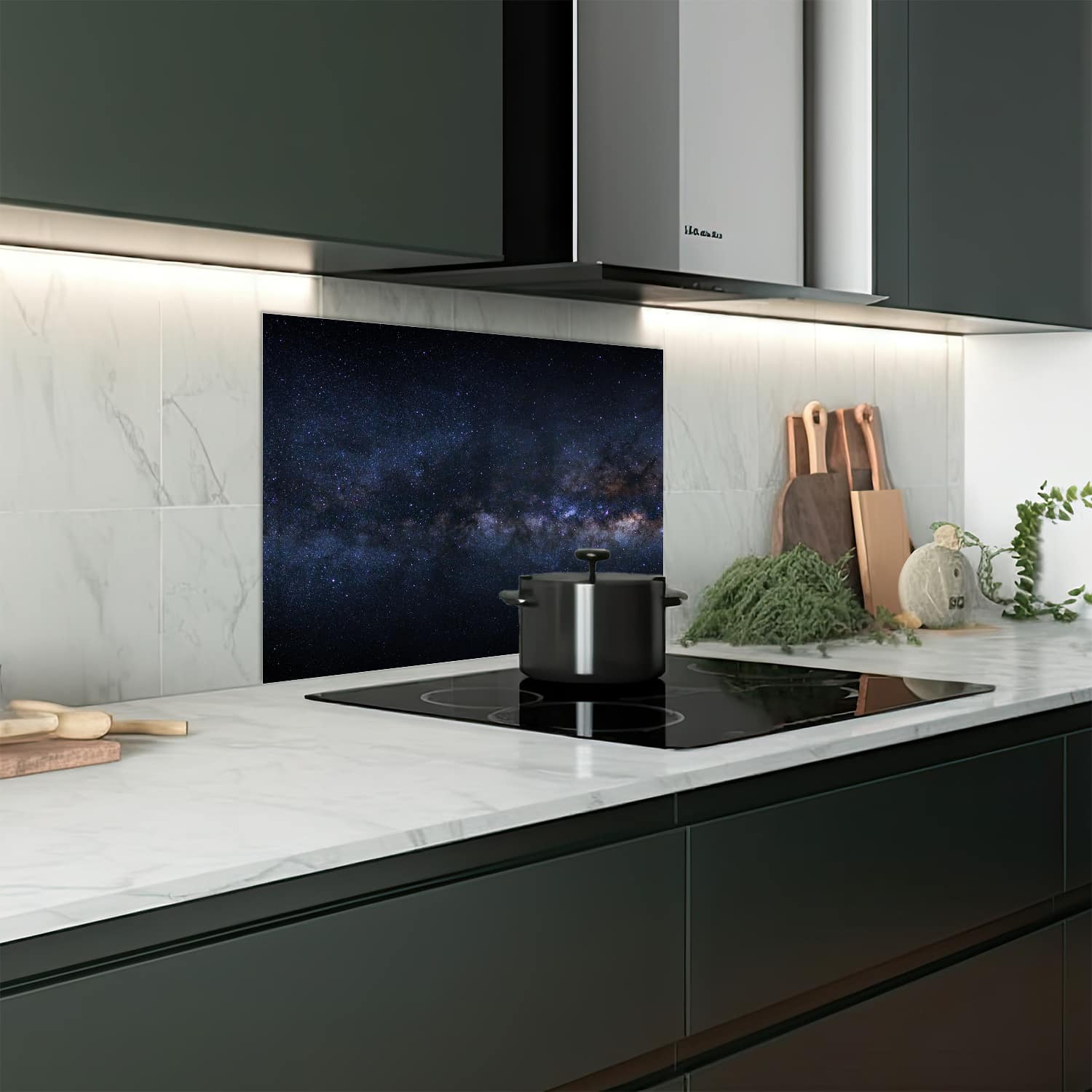 Eigen afmeting spatscherm-op-maat Keuken - Hittebestendig gehard glas - De Melkweg