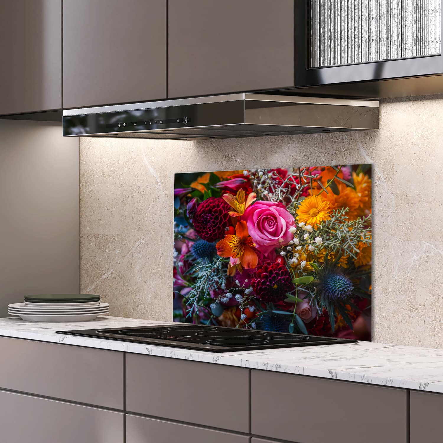 Eigen afmeting spatscherm-op-maat Keuken - Hittebestendig gehard glas - Levendig Bloemenboeket