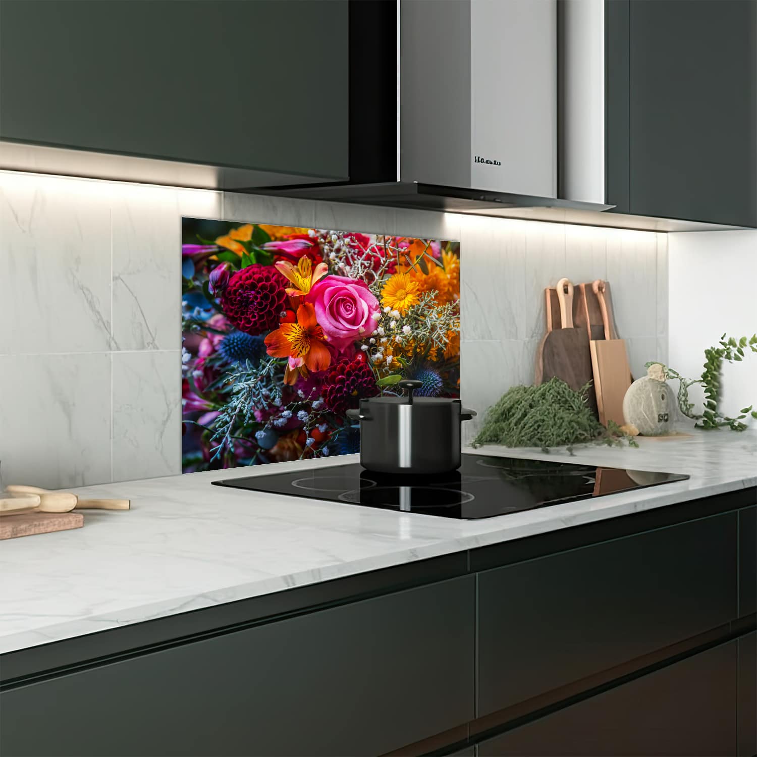Eigen afmeting spatscherm-op-maat Keuken - Hittebestendig gehard glas - Levendig Bloemenboeket