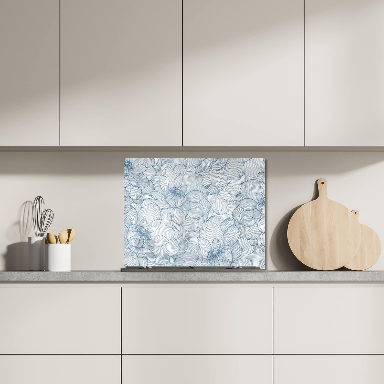 Eigen afmeting spatscherm-op-maat Keuken - Hittebestendig gehard glas - Getekende Dahlia Bloemen