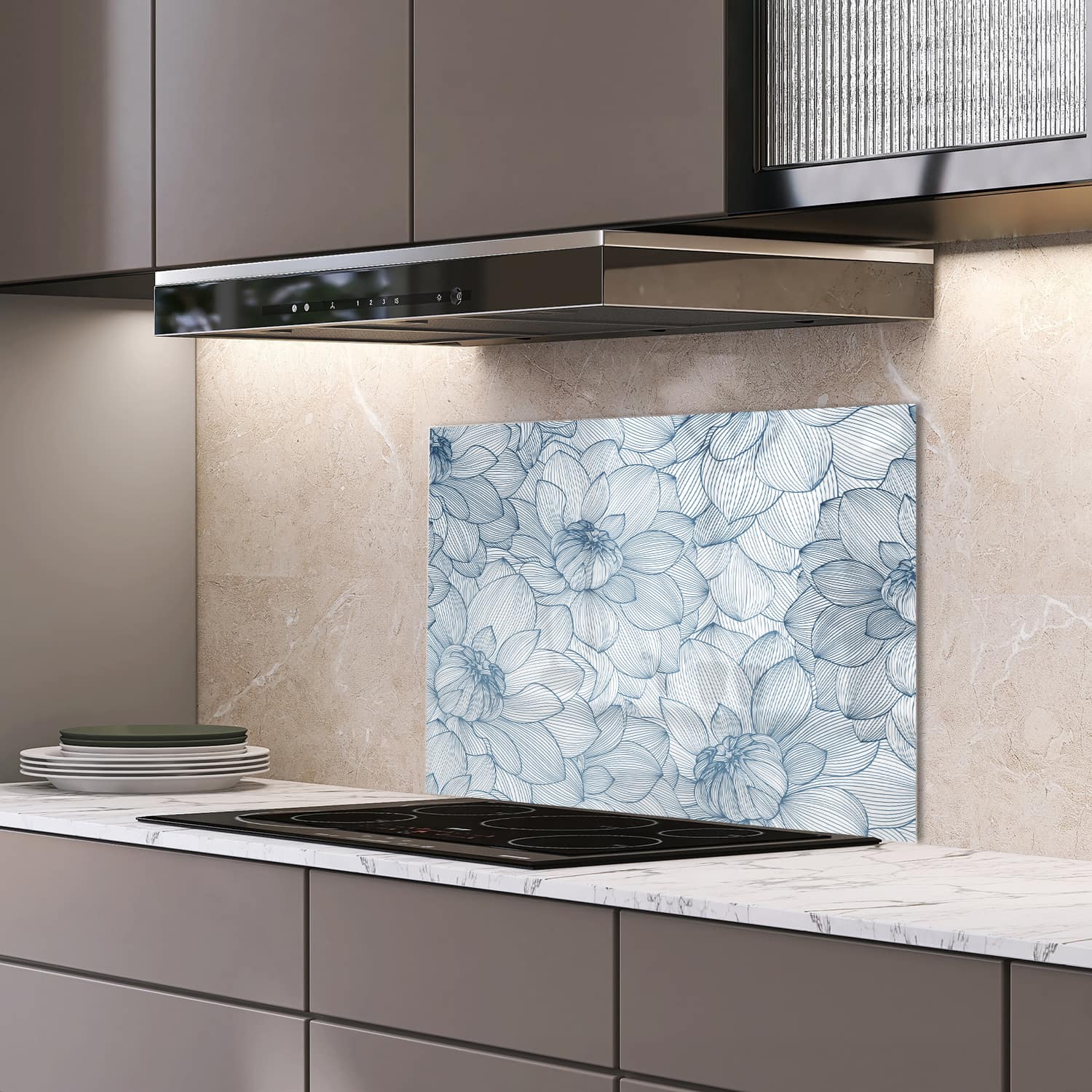 Eigen afmeting spatscherm-op-maat Keuken - Hittebestendig gehard glas - Getekende Dahlia Bloemen