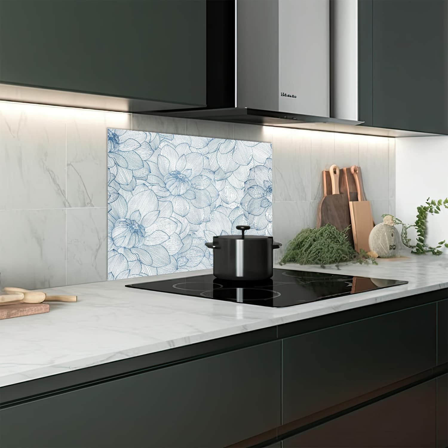 Eigen afmeting spatscherm-op-maat Keuken - Hittebestendig gehard glas - Getekende Dahlia Bloemen