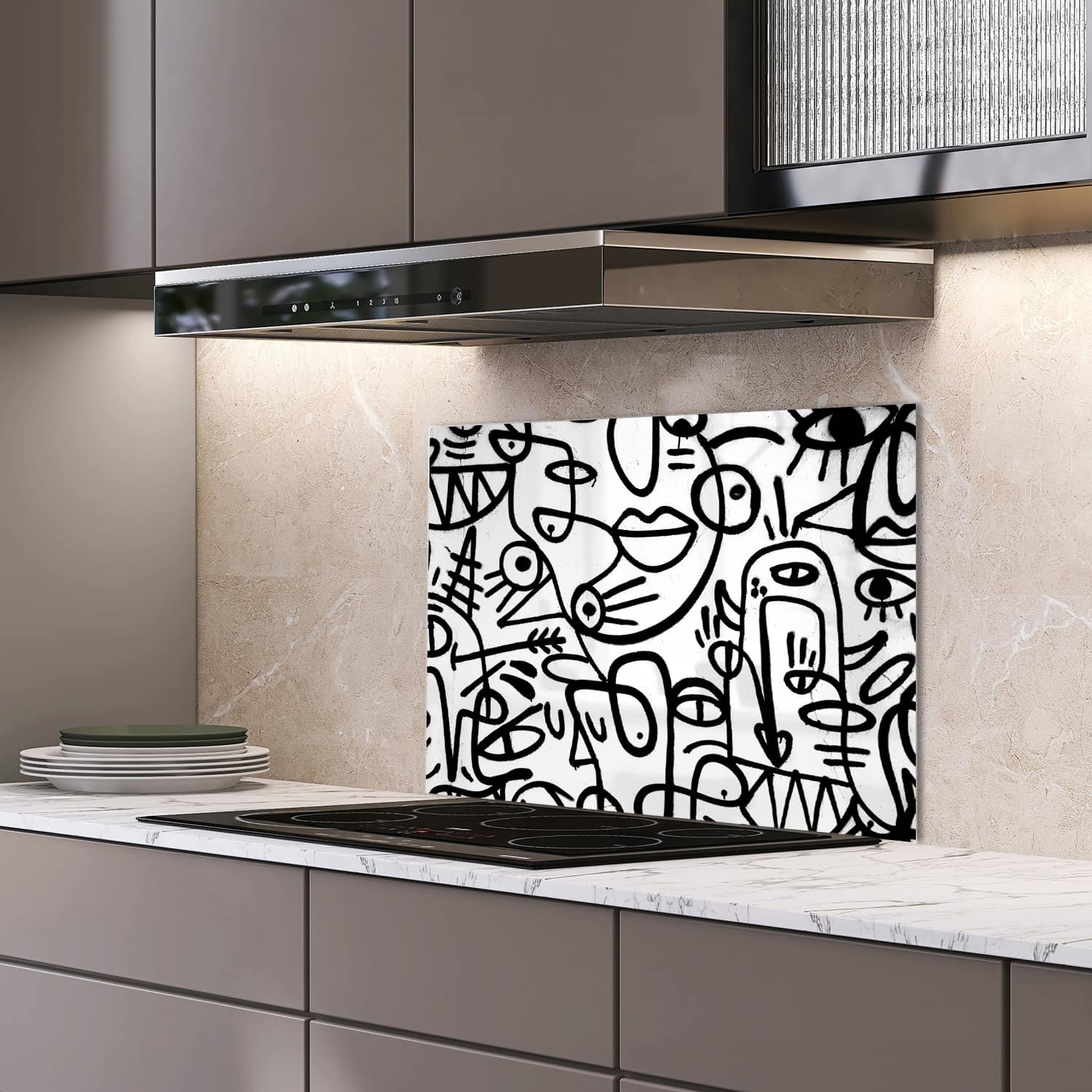 Eigen afmeting spatscherm-op-maat Keuken - Hittebestendig gehard glas - Zwart-wit Graffiti Patroon